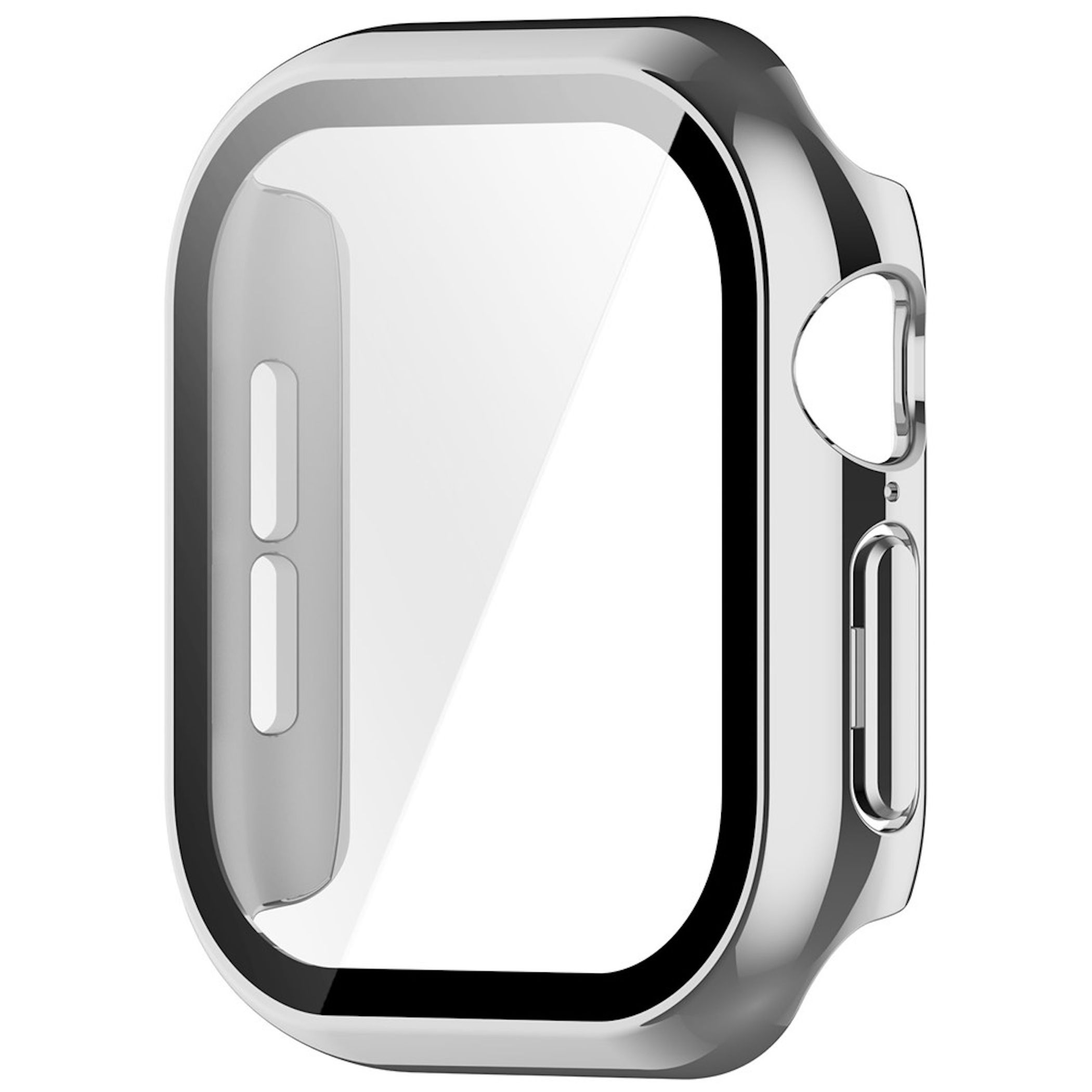 Glänzende silberne Schutzhülle für eine Smartwatch mit Displayschutz.