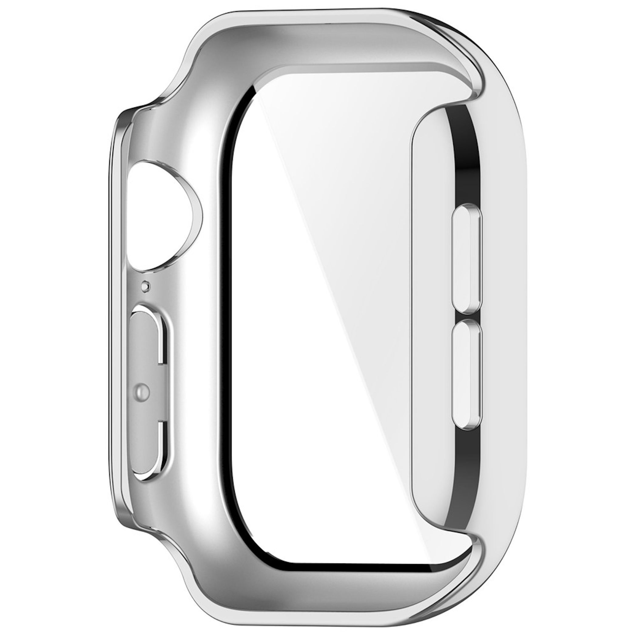 Ein silberner Smartwatch-Schutzrahmen mit integriertem Displayschutz auf weißem Hintergrund.