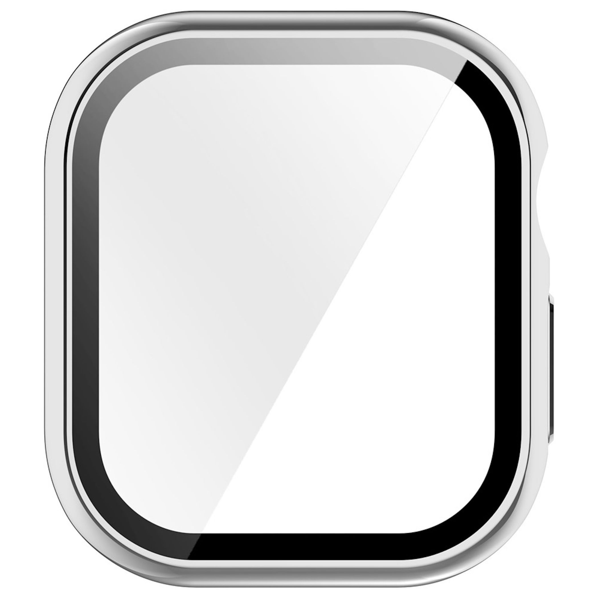 Eine silberne Smartwatch mit klarem, leerem Bildschirm und schwarzem Rand vor weißem Hintergrund.