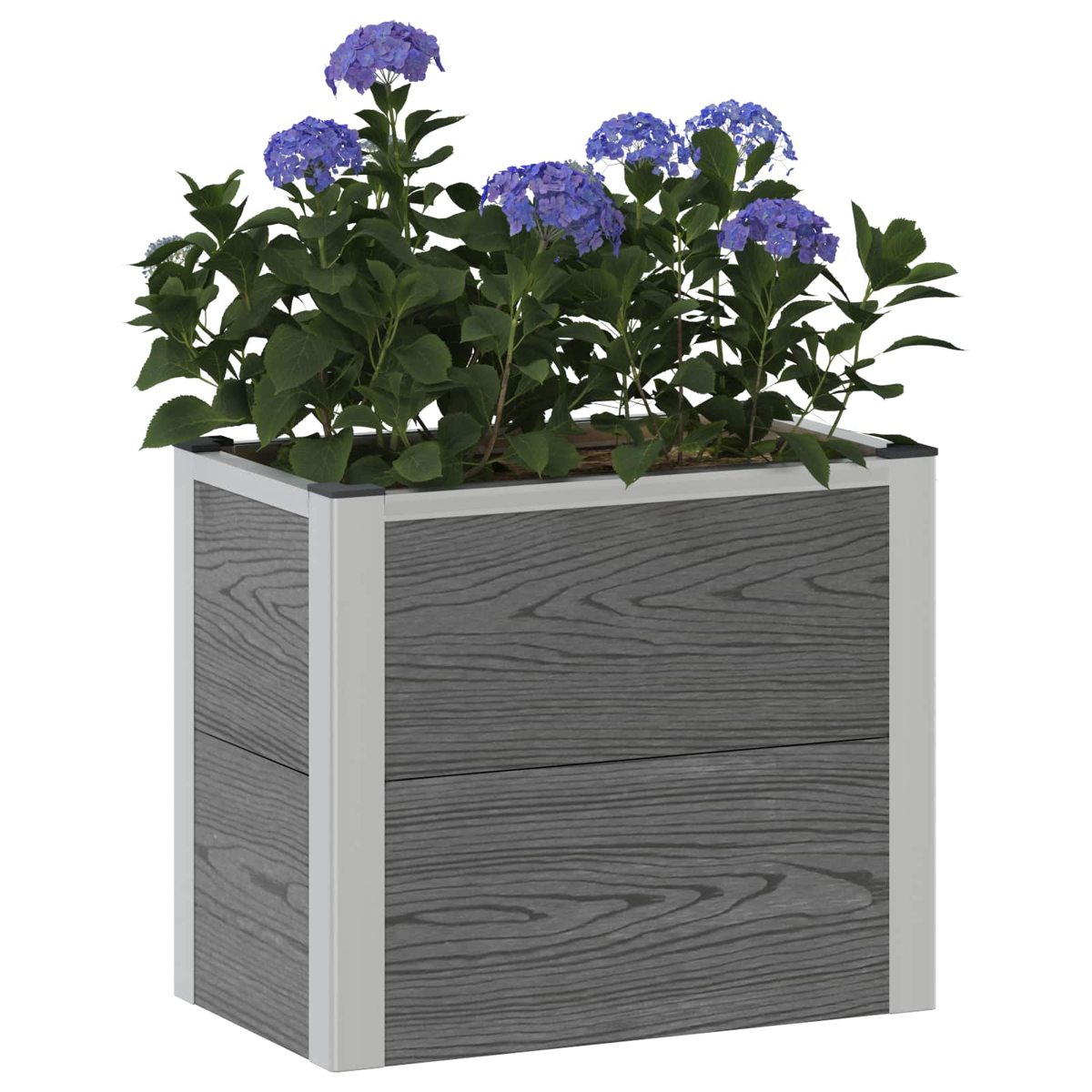 Ein rechteckiger, grauer Holzblumenkasten mit silbernen Metallecken, gefüllt mit grünen Pflanzen und blauen Hortensien.
