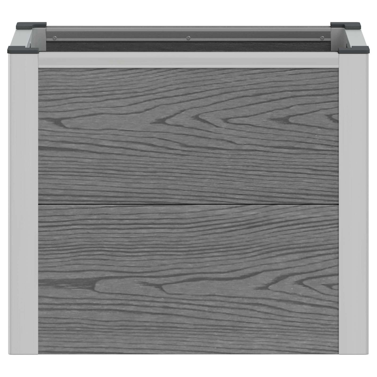 Ein graues Hochbeet aus Holz mit einem silbernen Metallrahmen und schwarzen Eckkappen auf weißem Hintergrund.