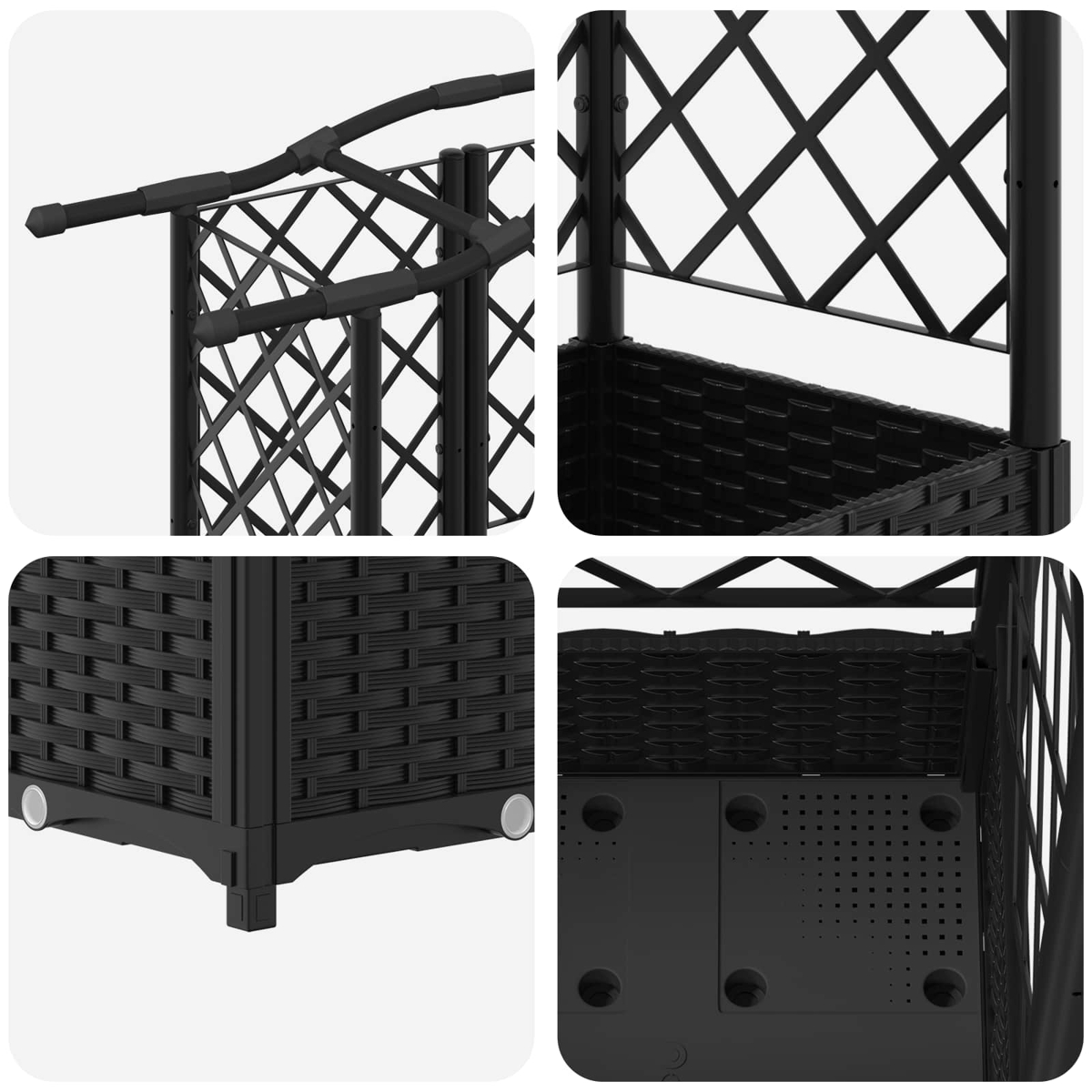 Vier Detailaufnahmen eines schwarzen Gartenmöbels mit Rattanmuster, Metallgitter und integriertem Boden.