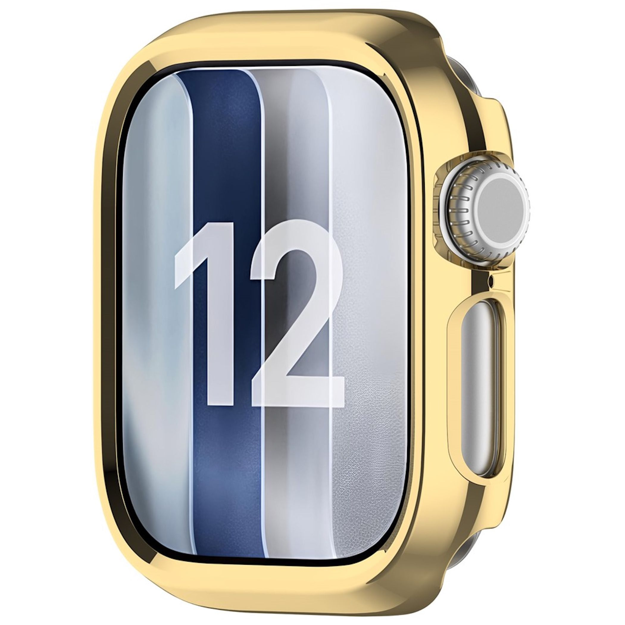 Goldene Smartwatch mit weißem Zifferblatt und blauen Streifen zeigt die Zahl 12.