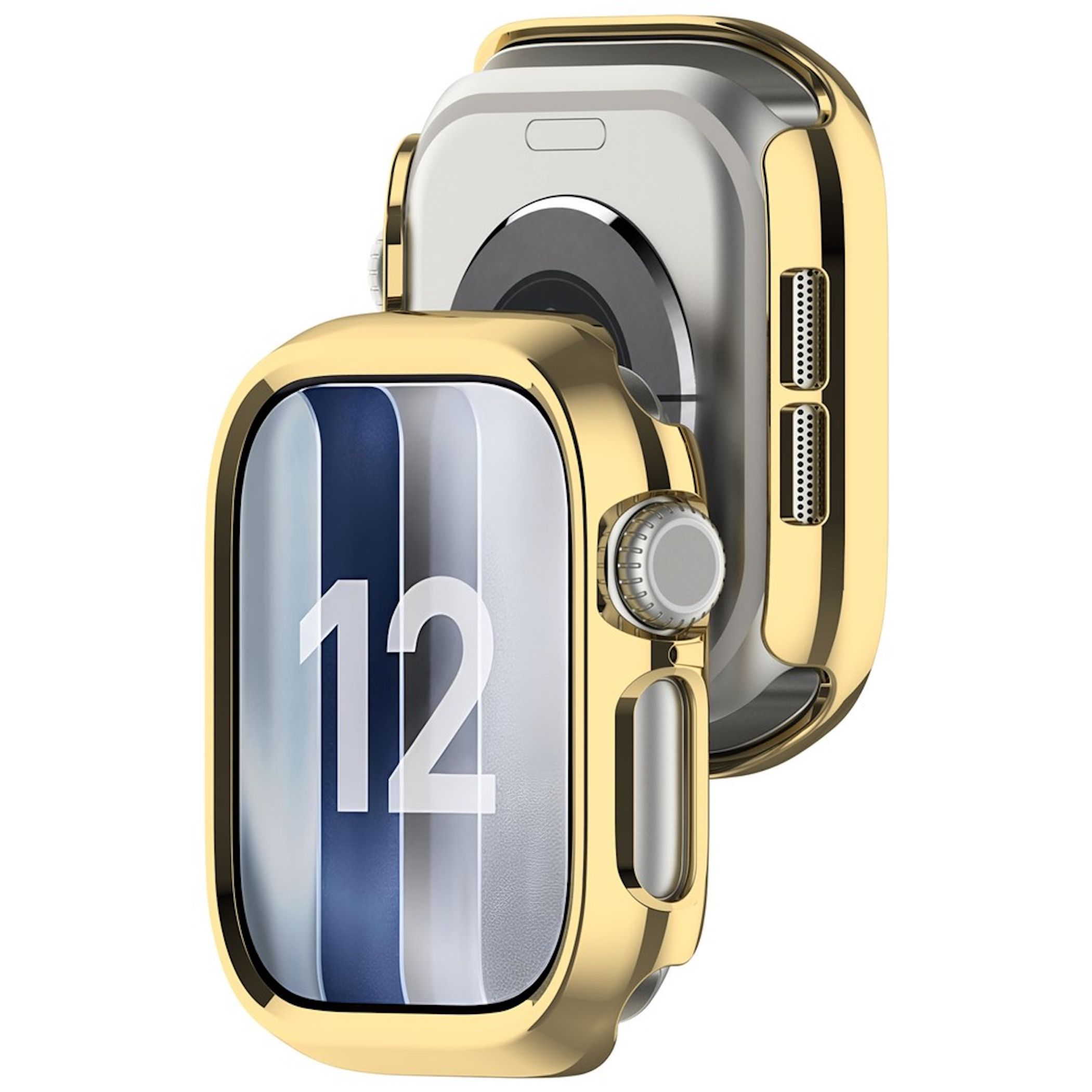 Goldfarbene Schutzhüllen für Smartwatches mit Zifferblatt.