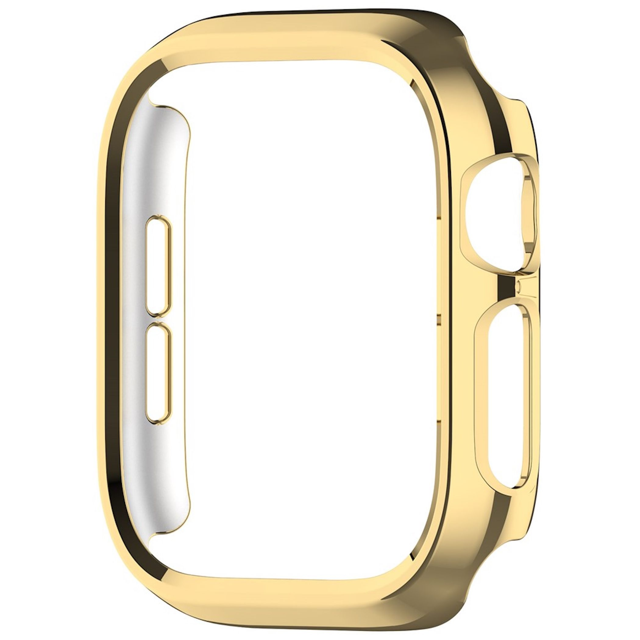 Eine glänzende, goldene Smartwatch-Schutzhülle auf weißem Hintergrund.