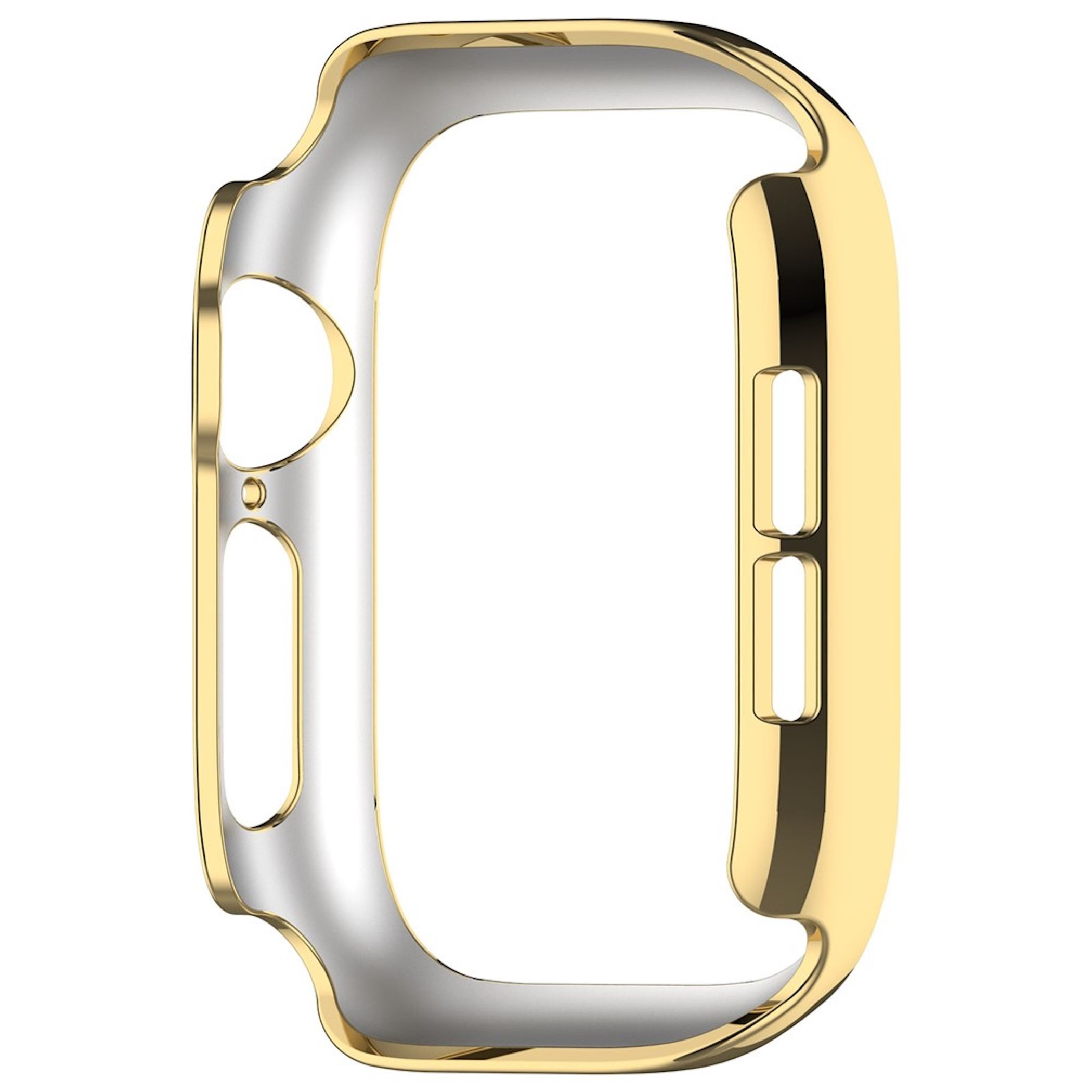 Eine glänzende, goldene Smartwatch-Schutzhülle auf weißem Hintergrund.