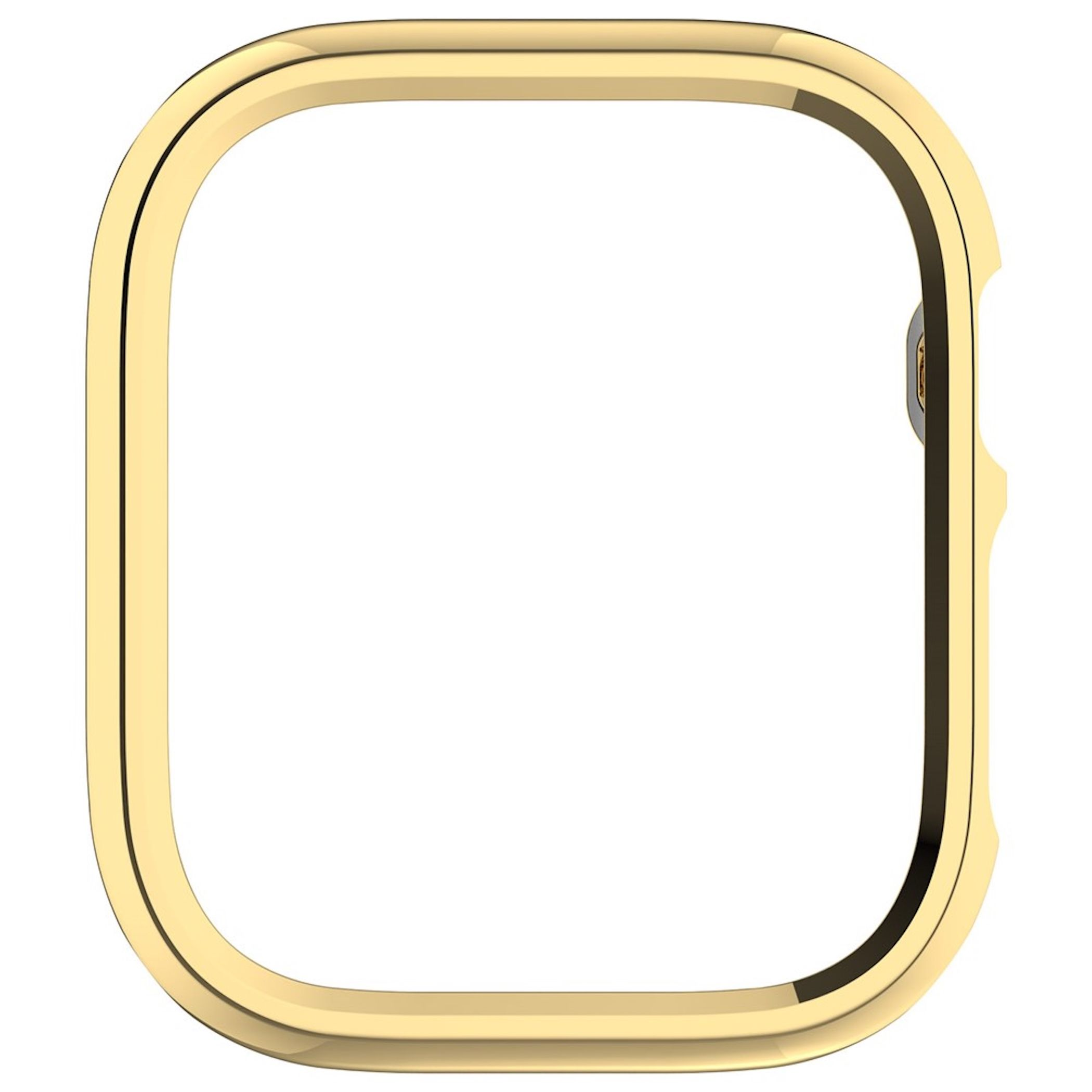 Una cornice lucida dorata per smartwatch con angoli arrotondati su sfondo bianco.