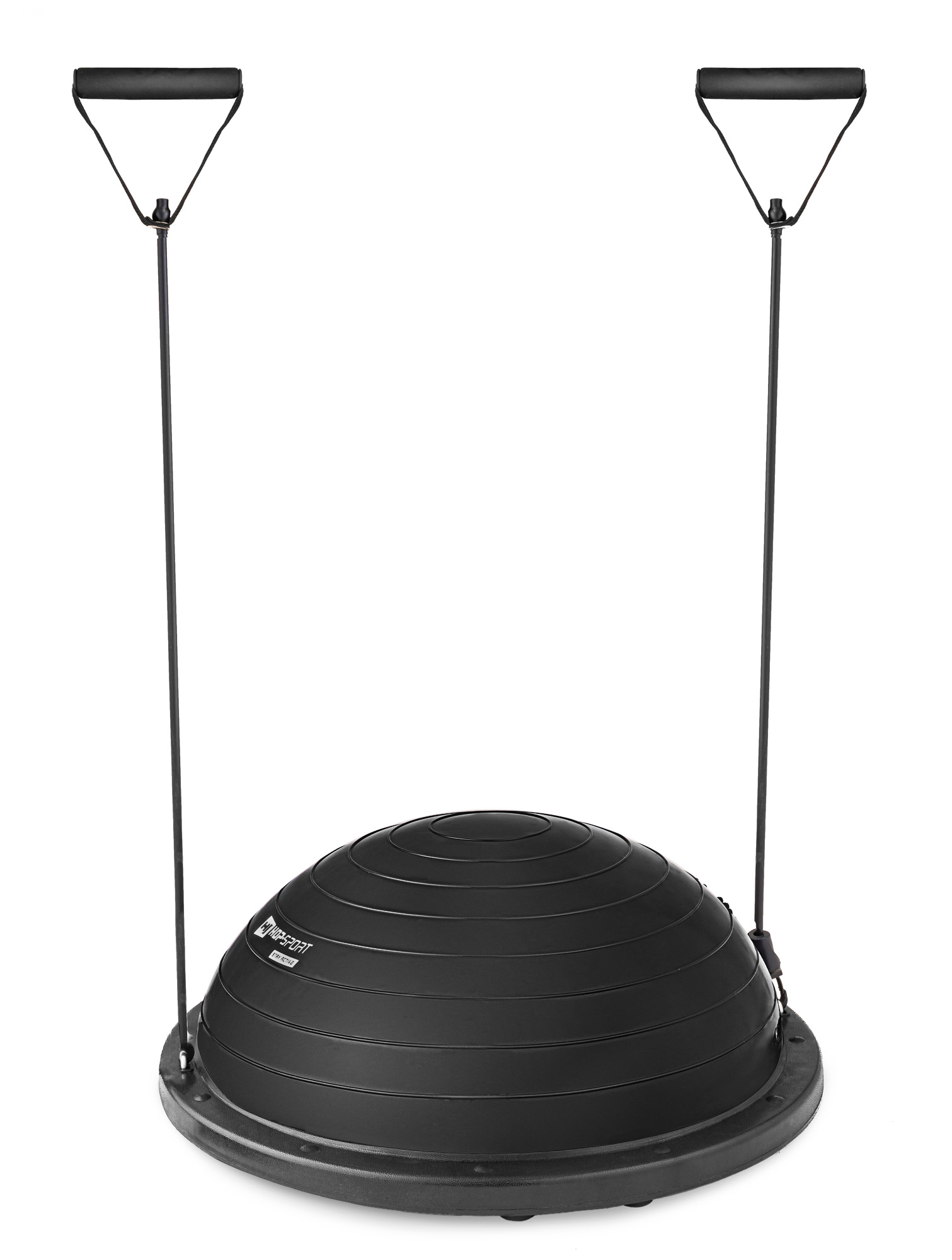 Schwarzer Balanceball-Trainer mit zwei befestigten Widerstandsbändern und Griffen auf weißem Hintergrund.