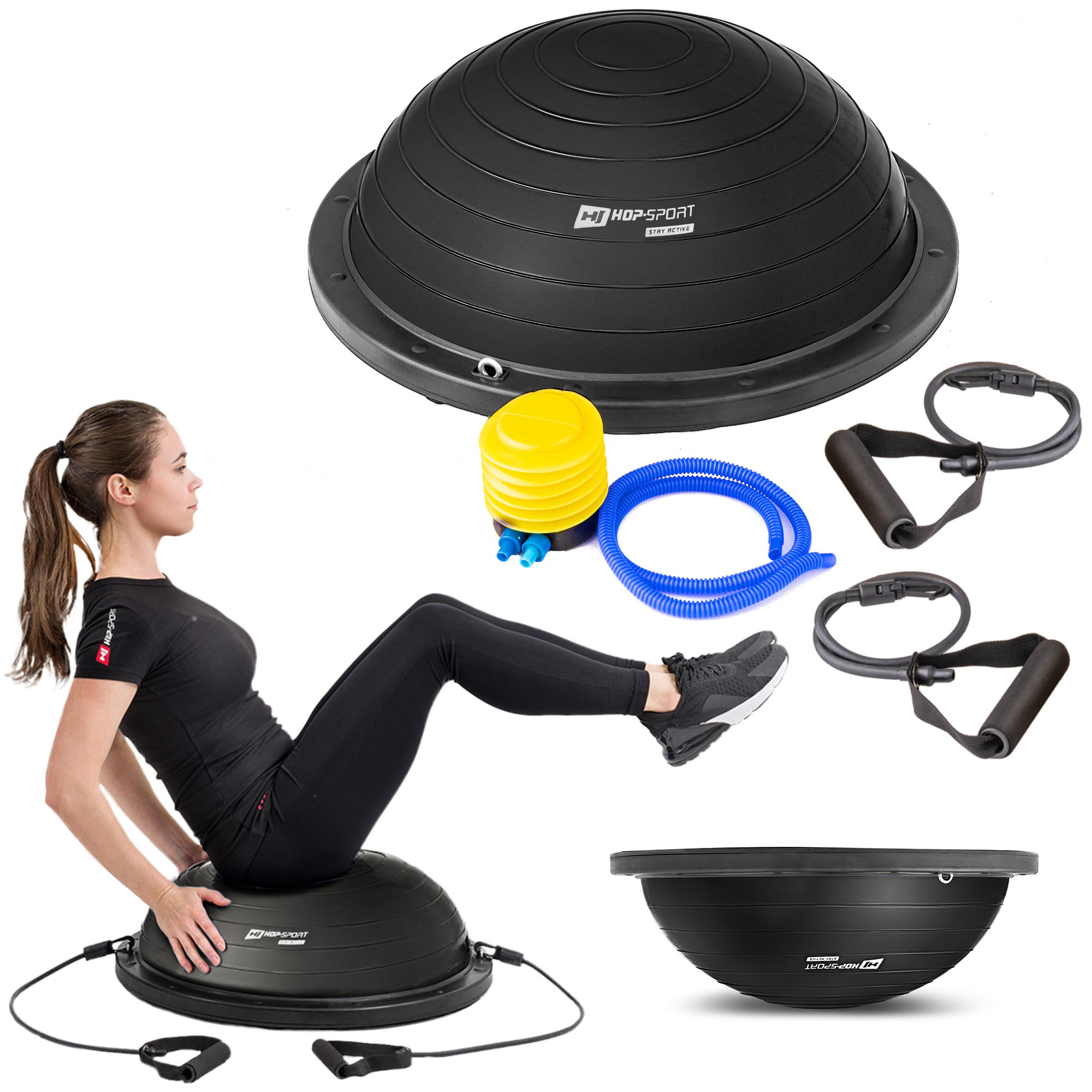 Eine Frau trainiert auf einem schwarzen Balance-Trainer, der mit Pumpe und Widerstandsbändern abgebildet ist.
