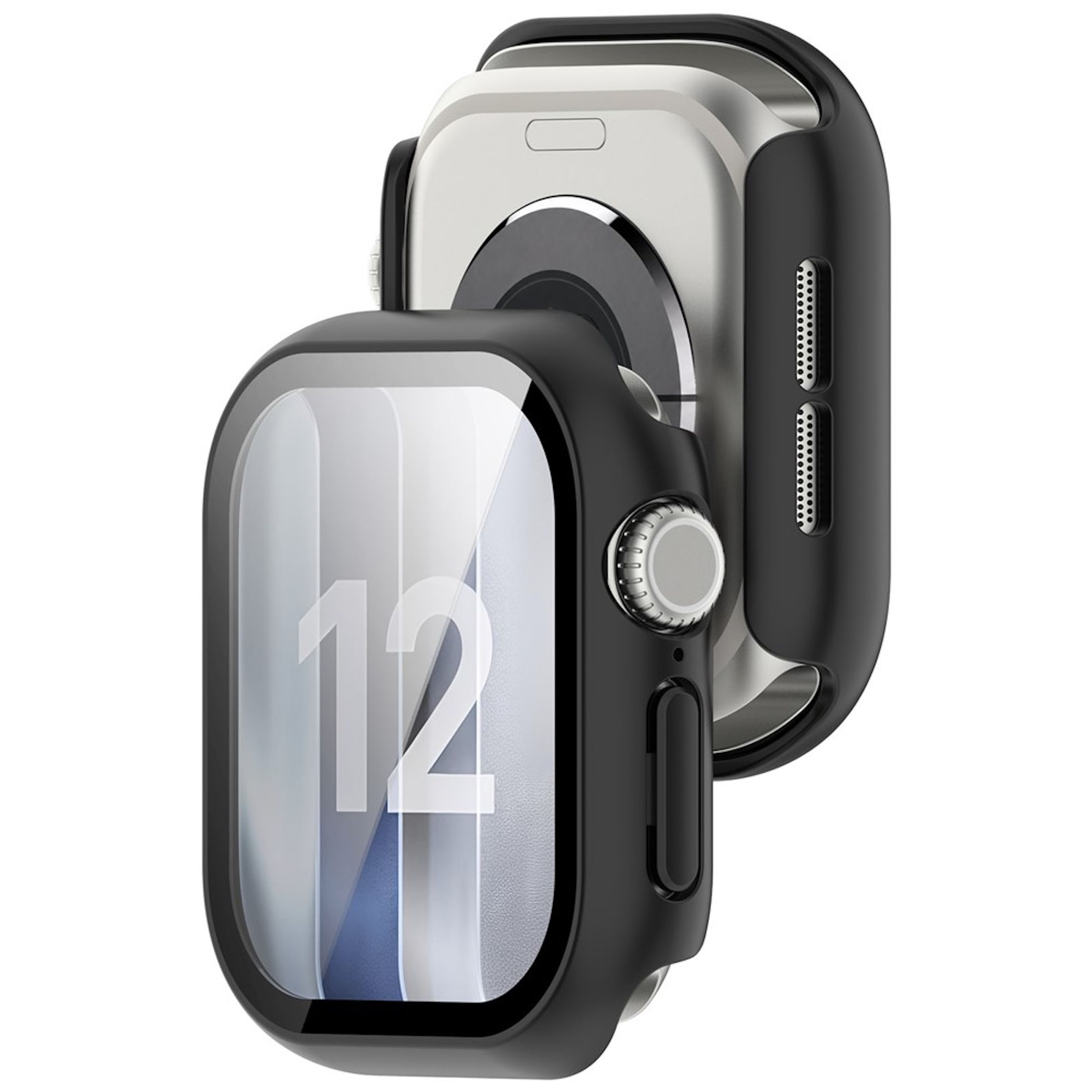 Eine schwarze Schutzhülle auf einer silbernen Smartwatch mit der Nummer 12 auf dem Bildschirm.