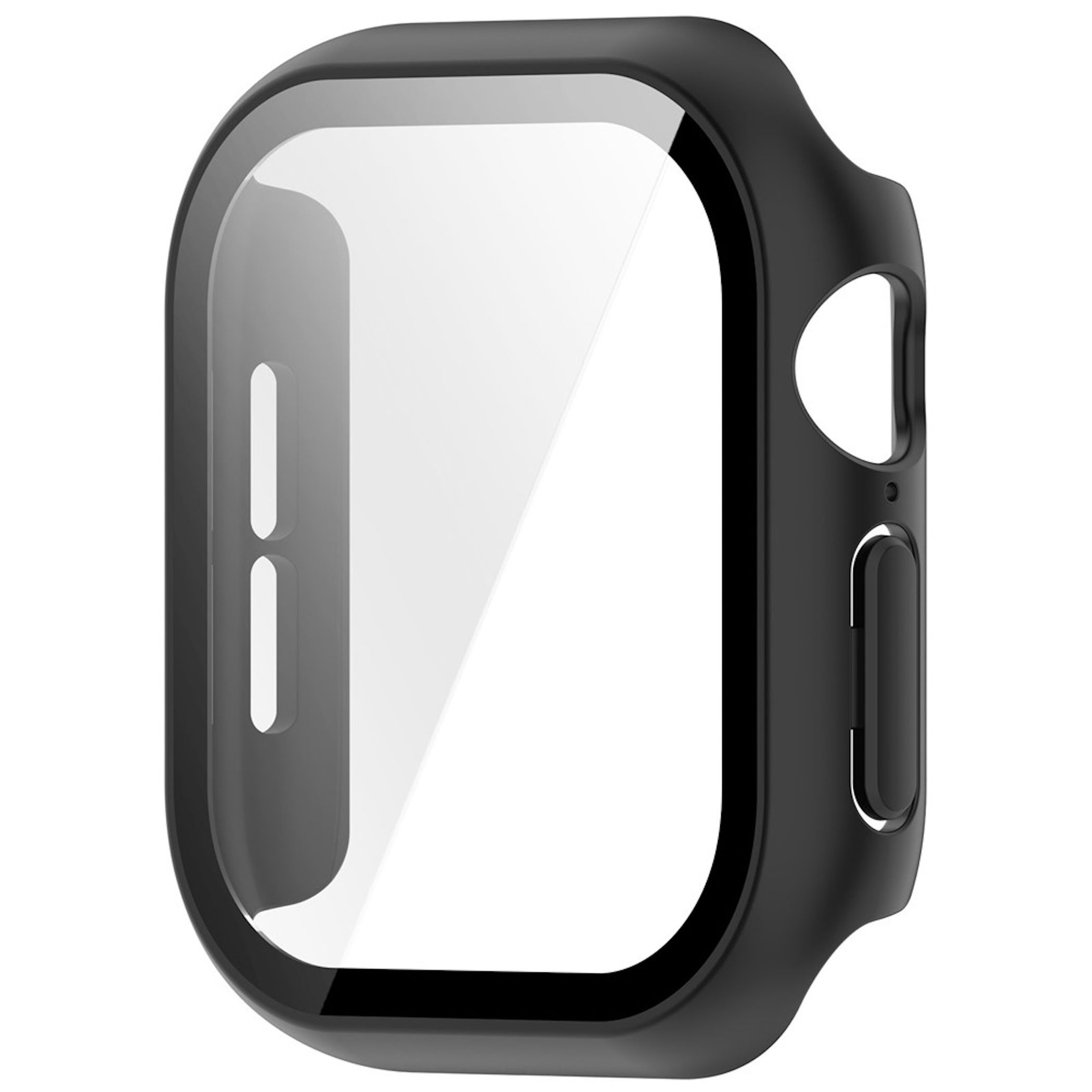 Schwarze Smartwatch-Schutzhülle mit integriertem Displayschutz auf weißem Hintergrund.