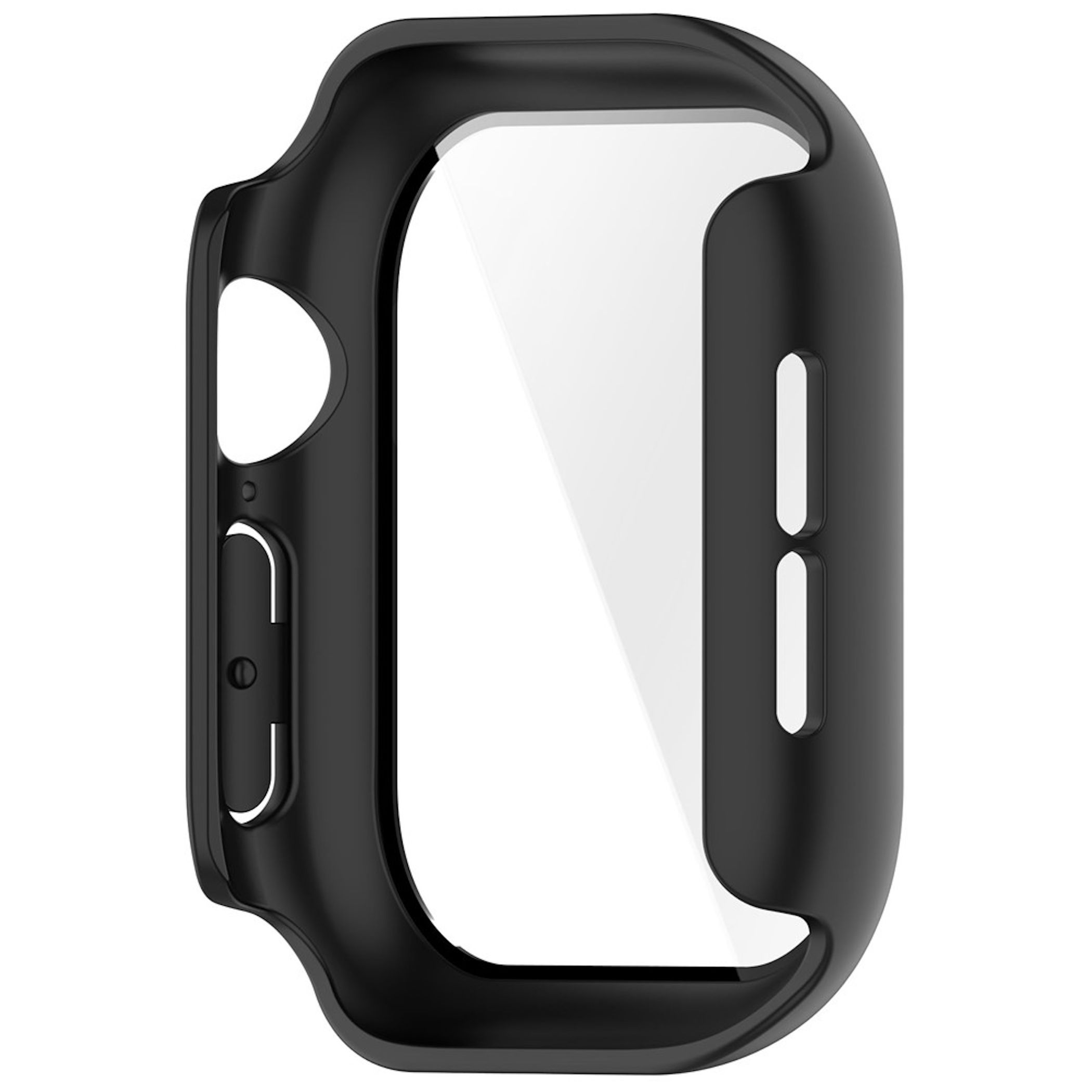 Eine schwarze Schutzhülle für eine Smartwatch mit integriertem Displayschutz vor weißem Hintergrund.