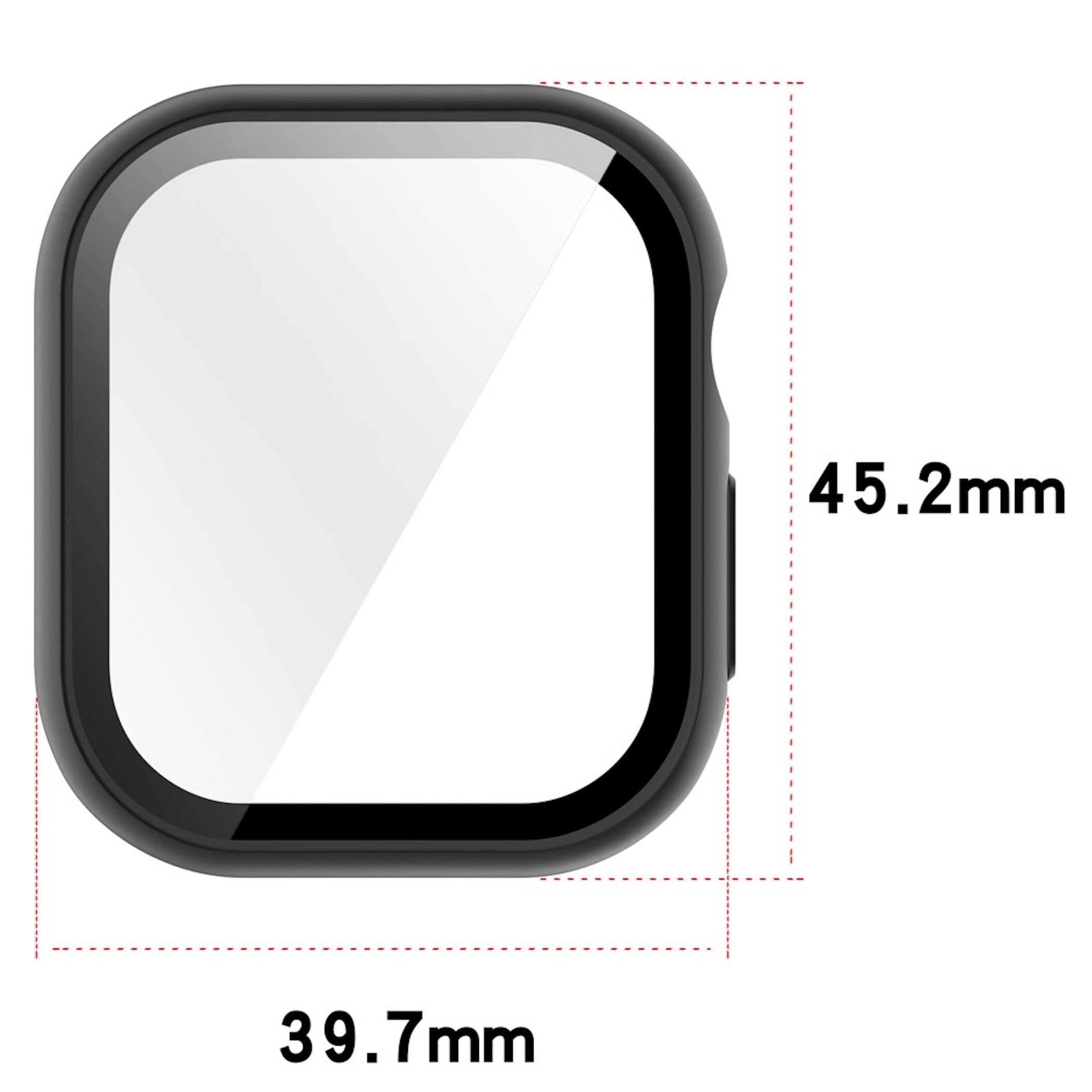 Diagramm zeigt eine schwarze Smartwatch-Hülle mit Abmessungen von 45,2mm Höhe und 39,7mm Breite auf weißem Hintergrund.