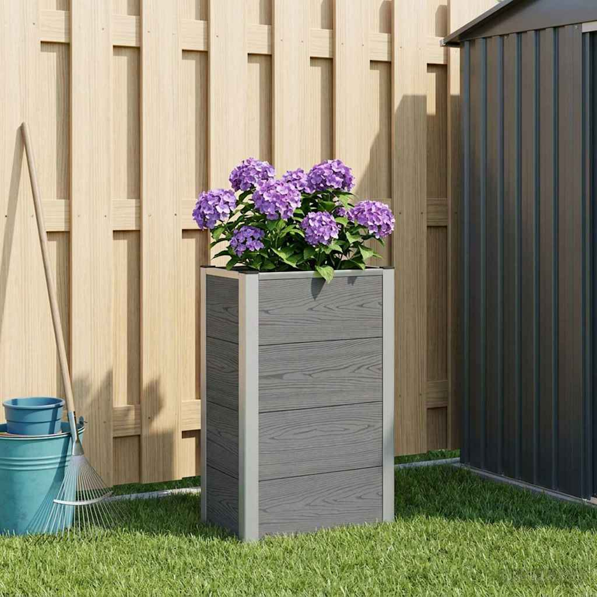 Ein grauer Pflanzkübel mit violetten Blumen auf Rasen vor einem Holzzaun und Gartenschuppen.