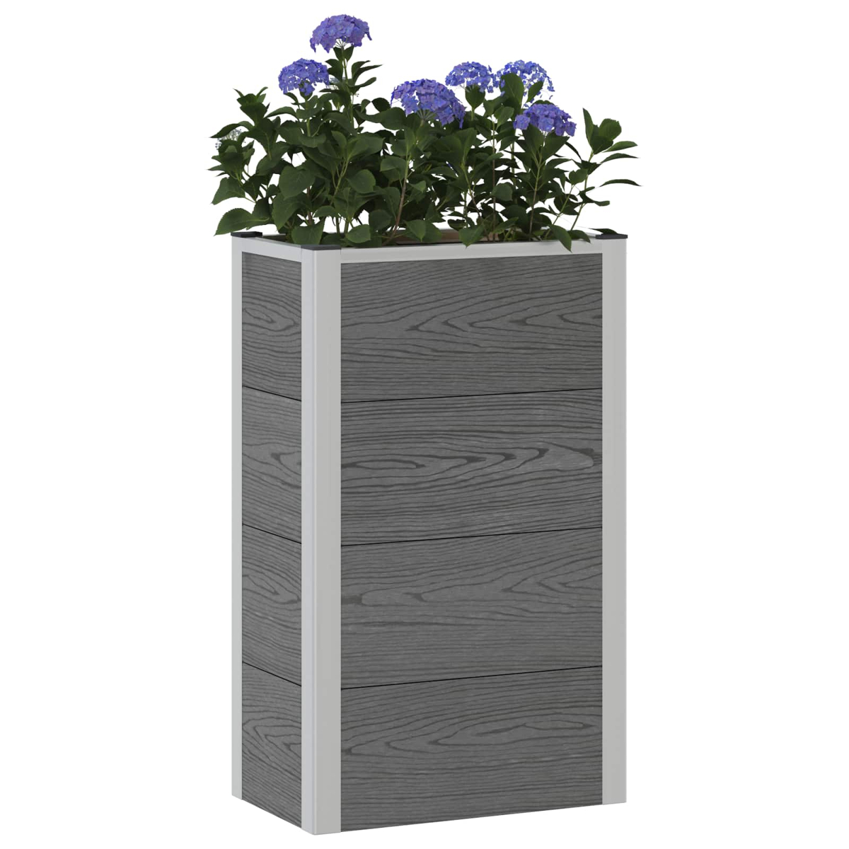 Ein hohes, graues Holzhochbeet mit weißen Ecken ist mit grünen Pflanzen und blauen Blüten gefüllt.