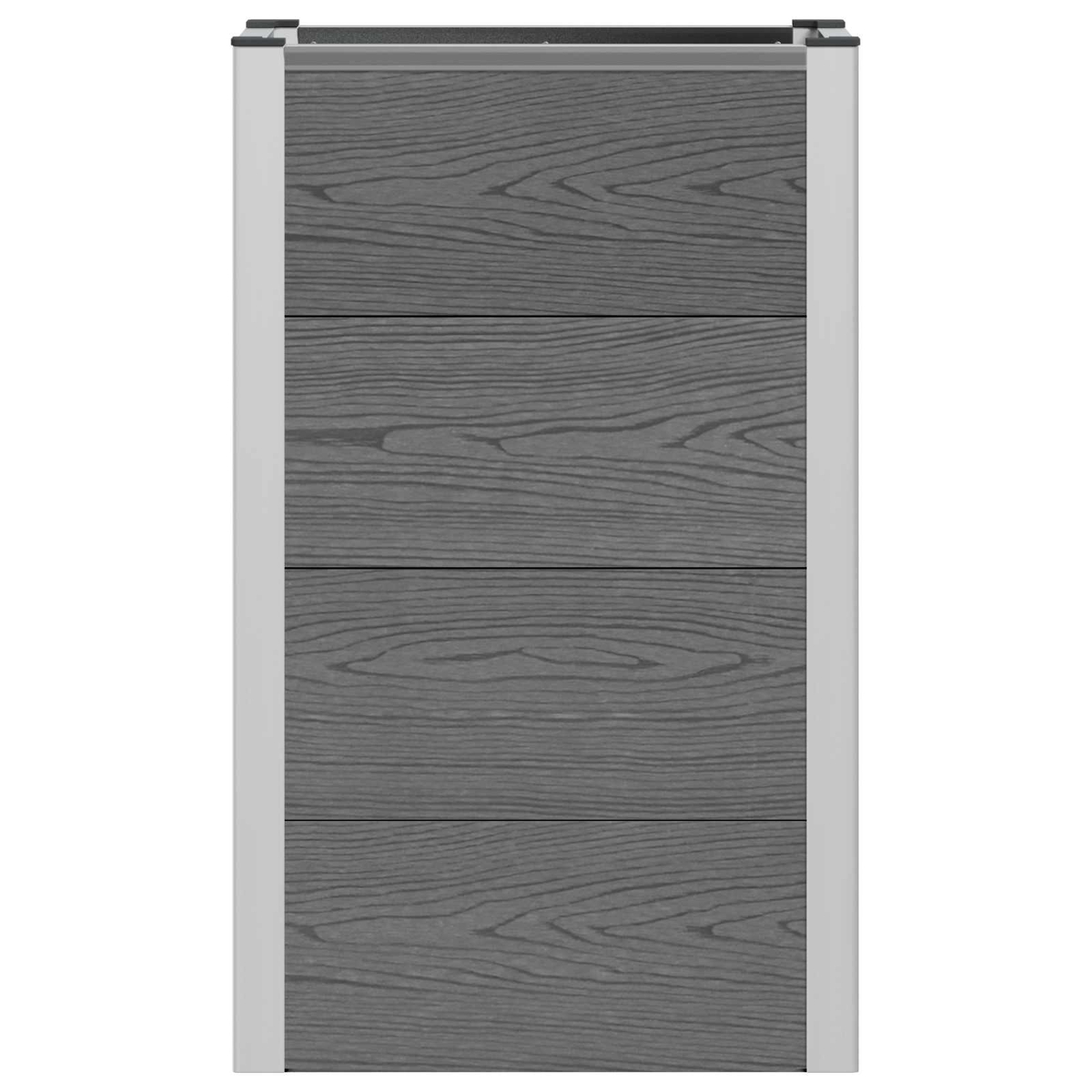 Graue Holzmaserungsplatten eingerahmt von silbernen Aluminiumpfosten.