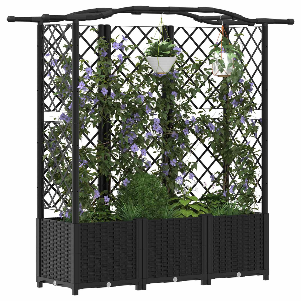 Schwarzes Rankgitter mit Hochbeet, grünem Laub, violetten Blüten und hängenden Blumentöpfen auf weißem Grund.