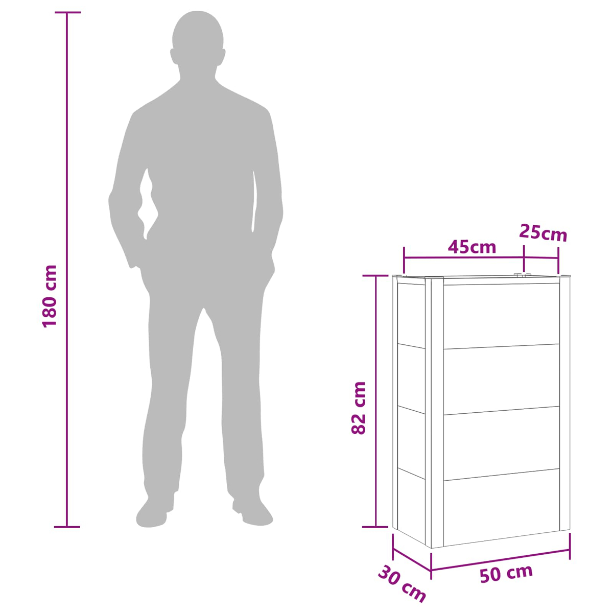 Diagramm zeigt Schuhschrank (50x30x82 cm) neben einer menschlichen Silhouette.
