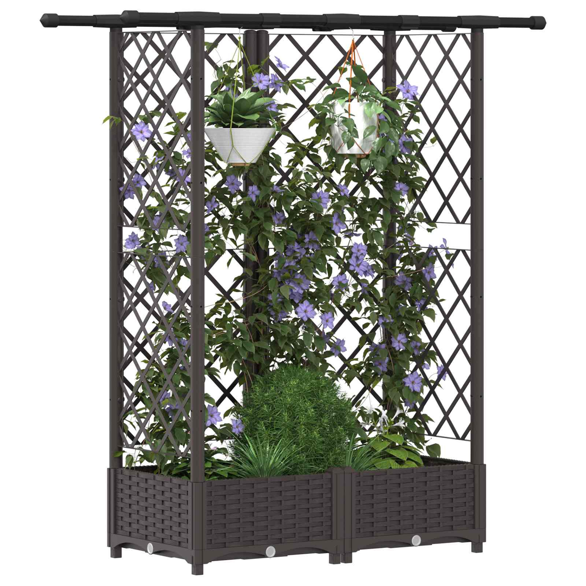 Braunes Rankgitter mit Pflanzkasten, bewachsen mit grünen Pflanzen und violetten Blüten, sowie hängenden Töpfen.