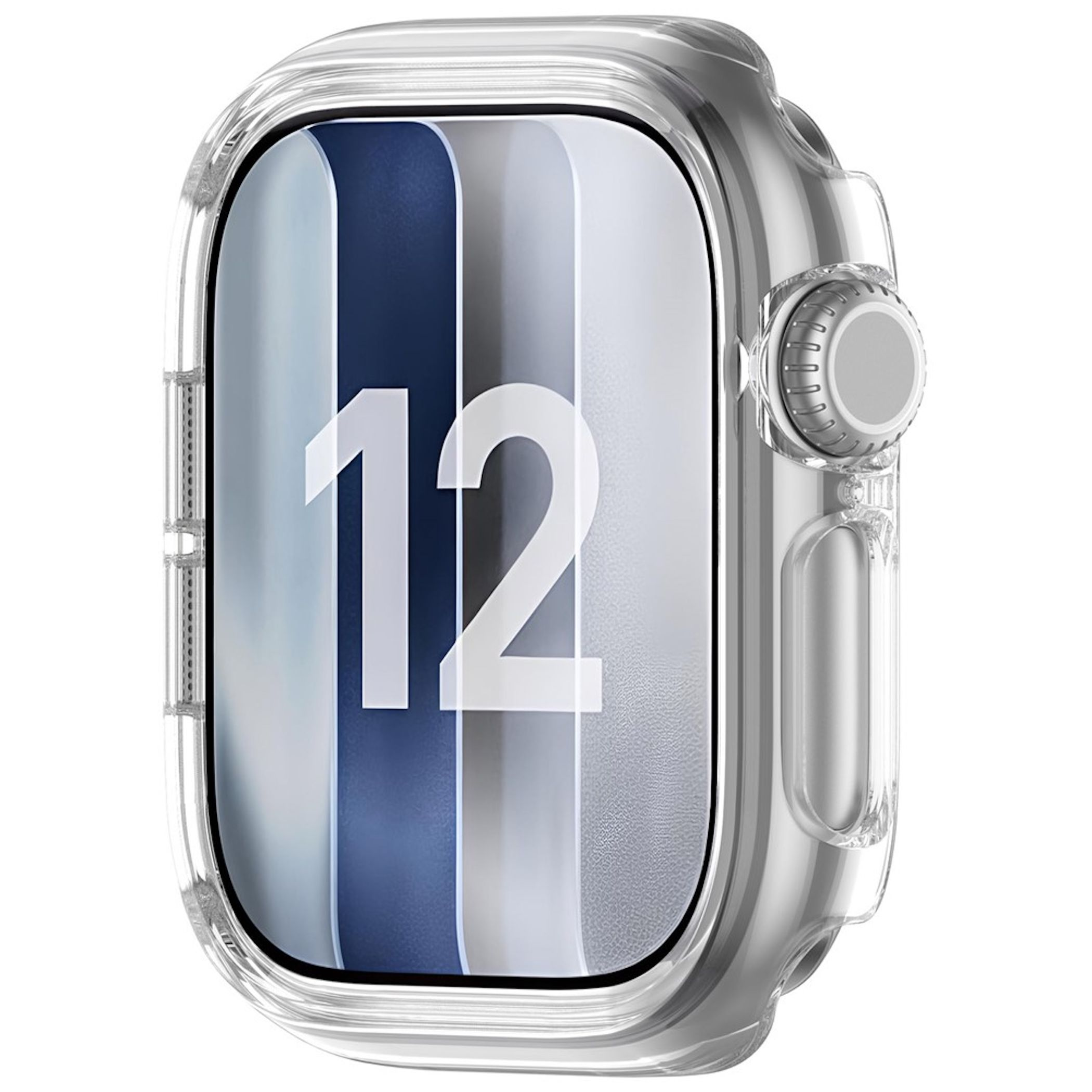 Eine Smartwatch in einer klaren Schutzhülle zeigt das Display mit der großen Ziffer 12.