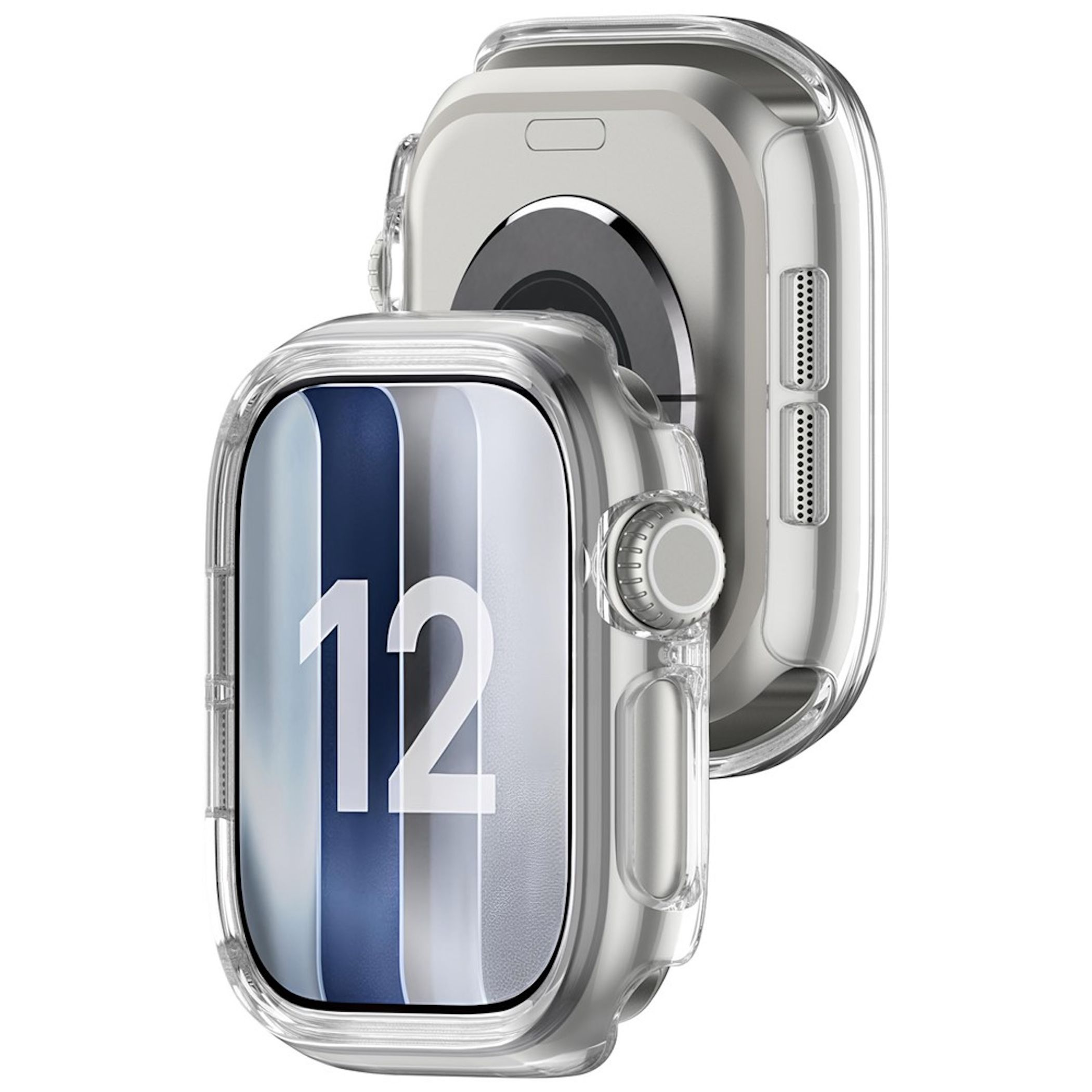 Zwei silberne Smartwatches mit transparenten Schutzhüllen auf weißem Hintergrund.