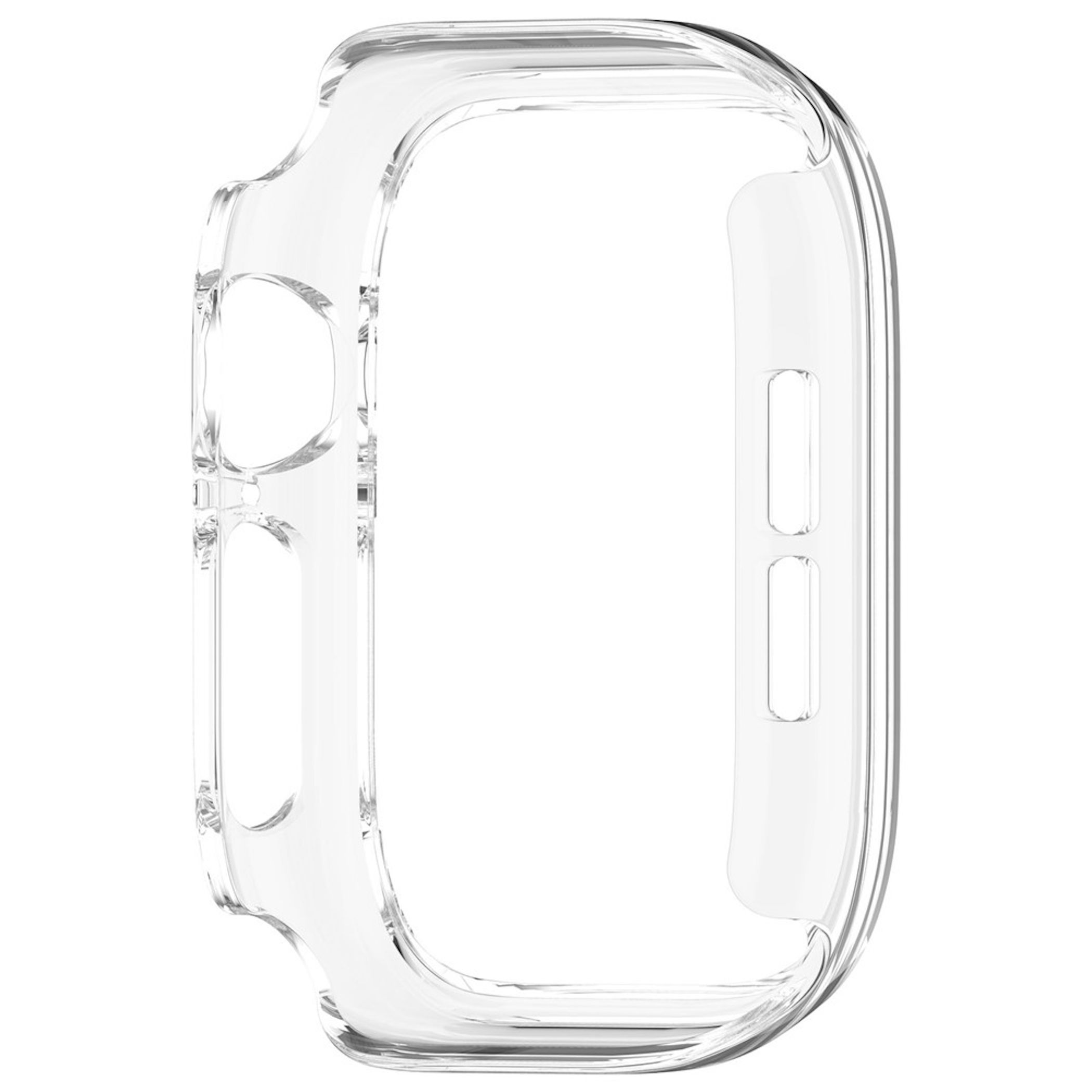 Eine klare, transparente Schutzhülle für eine Smartwatch mit Aussparungen für Tasten und Anschlüsse.