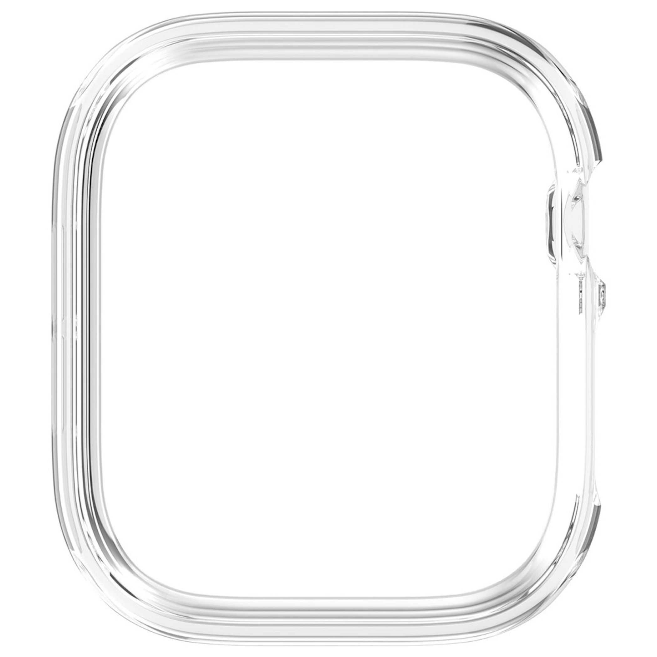 Transparente Schutzhülle für eine Smartwatch auf weißem Hintergrund.