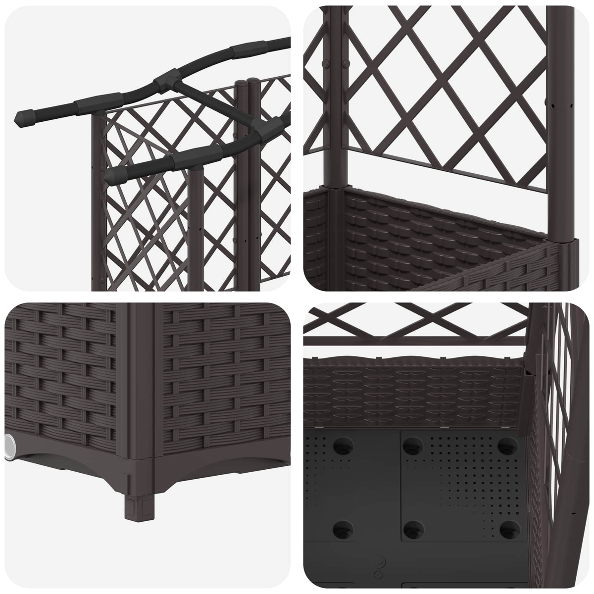 Vier Detailaufnahmen eines braunen Kunststoff-Gartenbeets mit Rankgitter und Rattan-Optik.