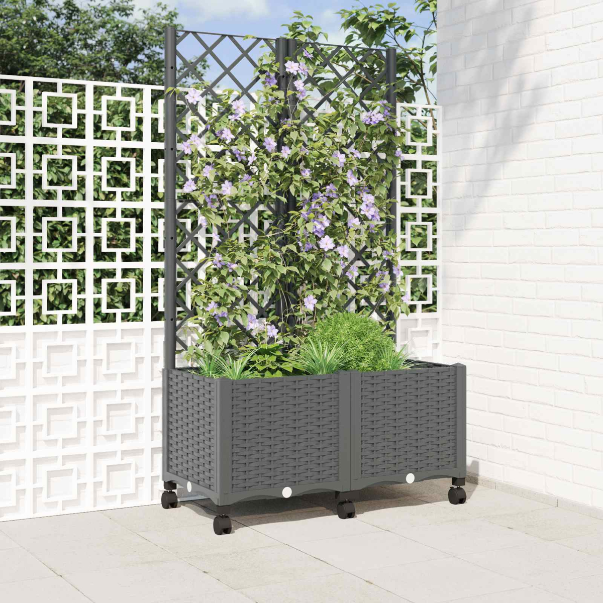 Grauer Rattan-Pflanzkübel mit Rollen und Spalier, bewachsen mit grünem Blattwerk und lila Blüten.