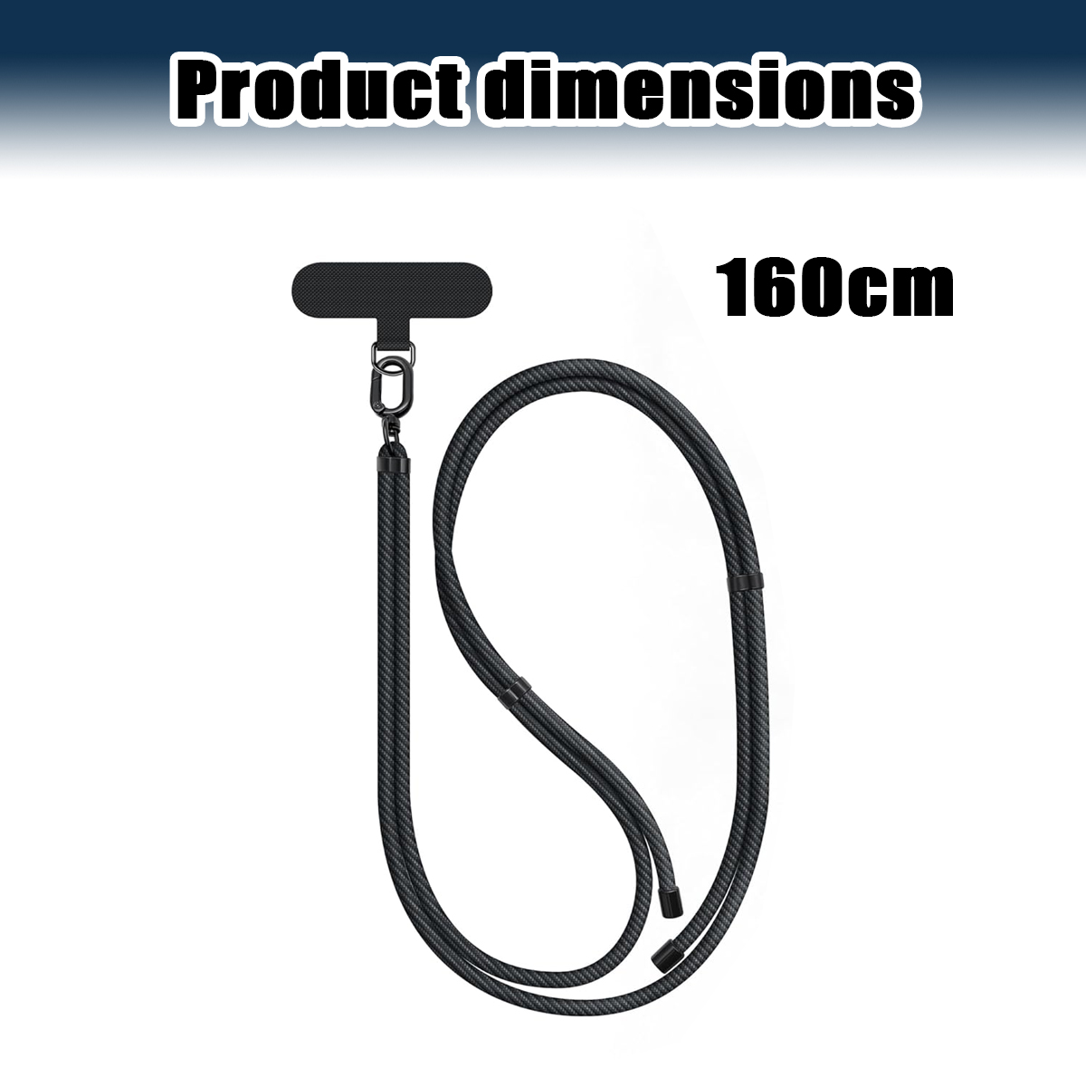 Schwarzes Umhängeband für Handys, Länge 160 cm, mit Haltepad und Karabiner.