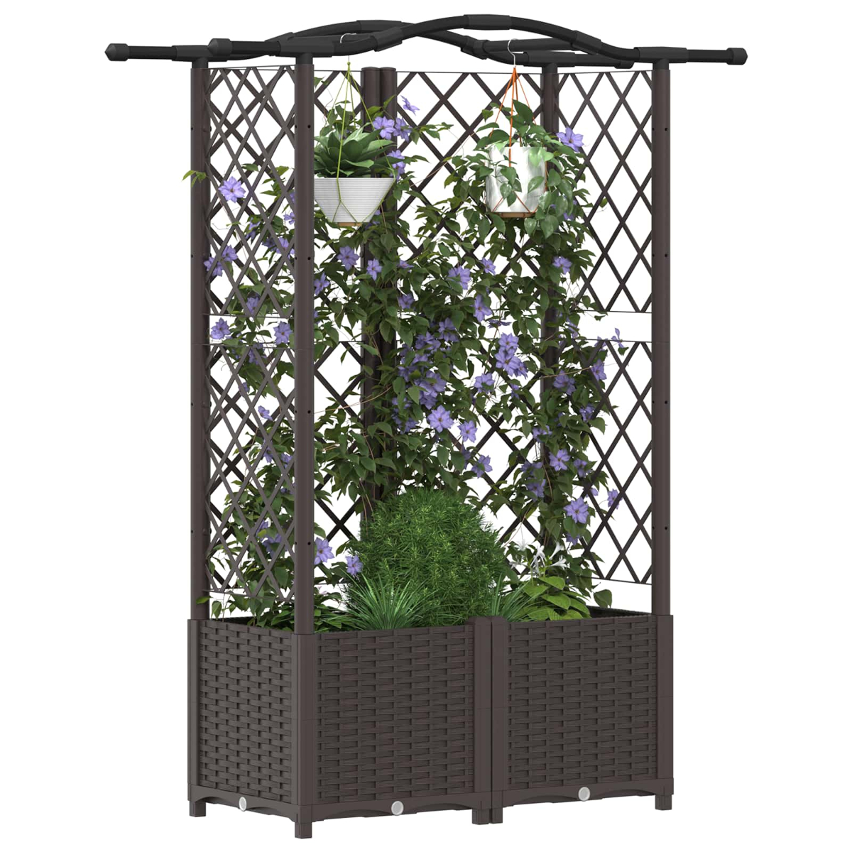 Ein braunes Gartenspalier mit kletternden lila Blumen, zwei Hänge Töpfen und einem üppigen grünen Busch.