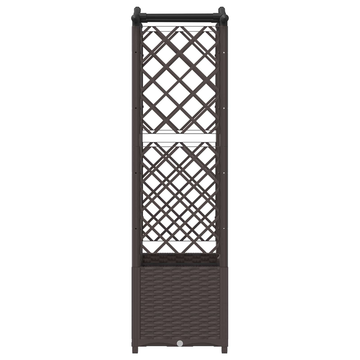 Brauner Pflanzkasten aus Rattan mit integriertem hohem Spalier für Kletterpflanzen.