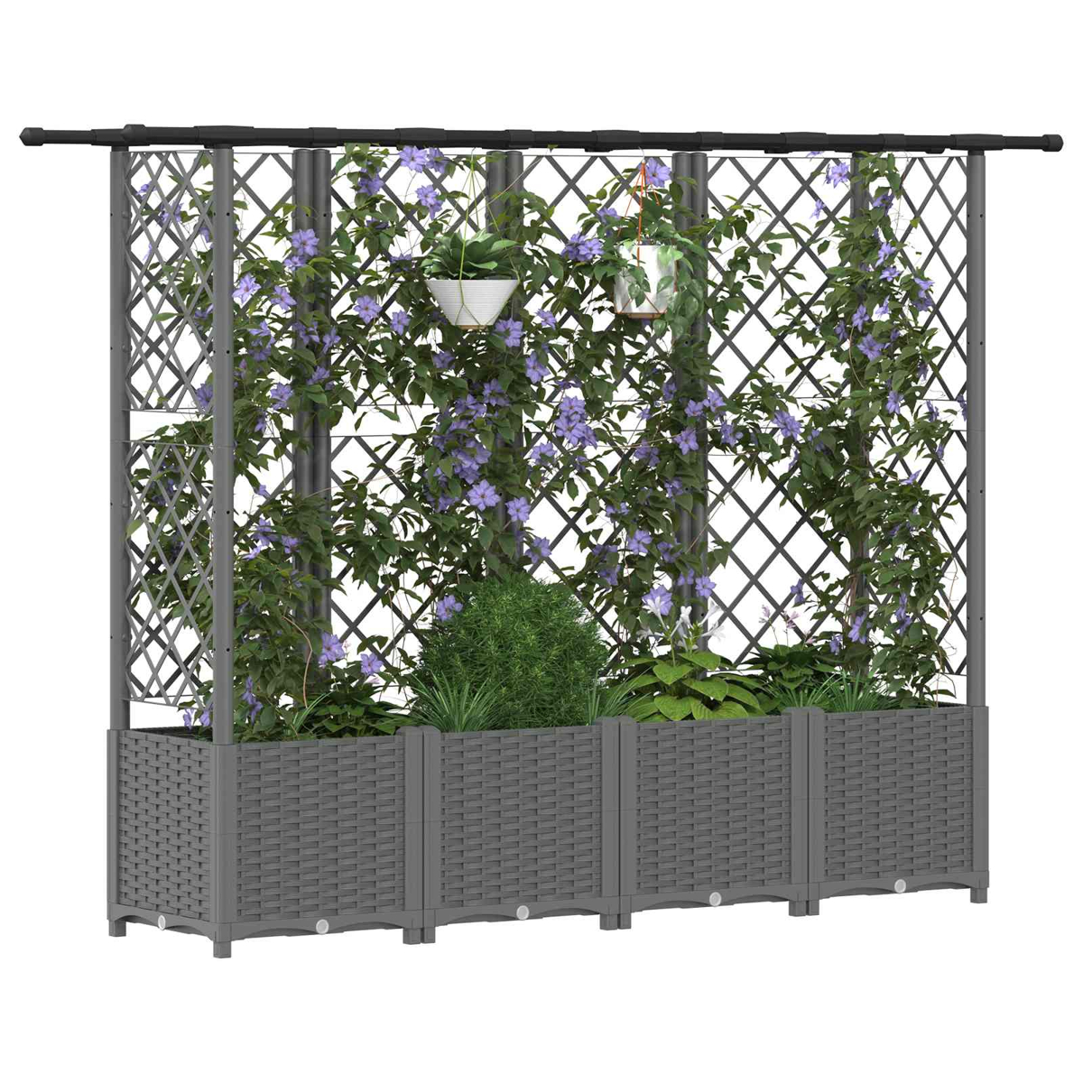 Graues Garten-Spalier mit Pflanzkasten und blühenden Kletterpflanzen.