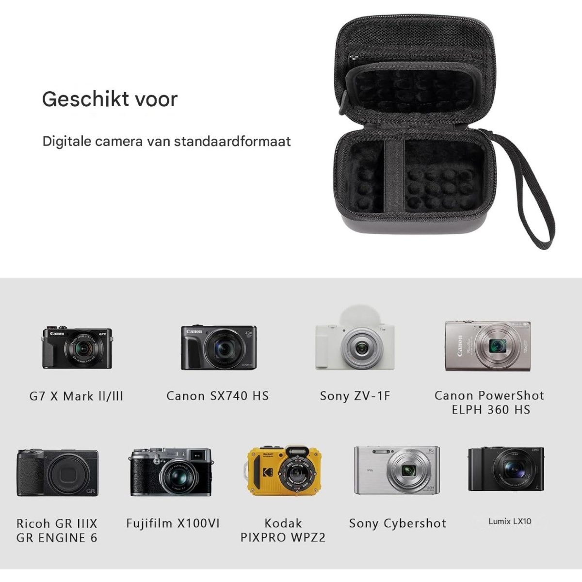 Eine schwarze Kameratasche oben und eine Auswahl von neun verschiedenen Digitalkameramodellen unten.