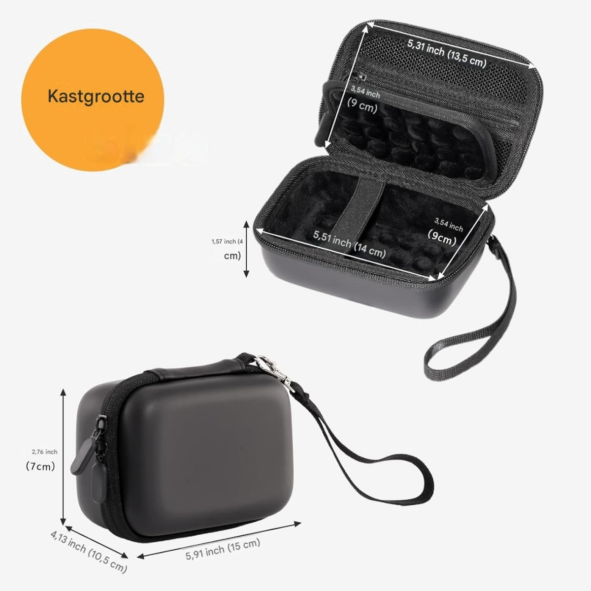 Schwarze Hartschalenbox mit Maßen, offen und geschlossen gezeigt.