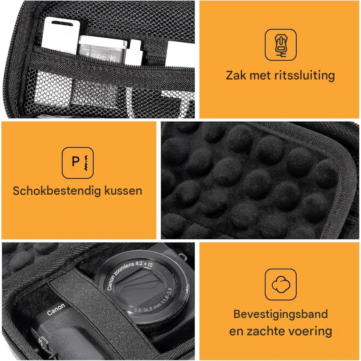 Sechs Bilder zeigen Details einer Kameratasche, Netztaschen, Stoßdämpfung, weiches Futter und eine Canon-Kamera darin.