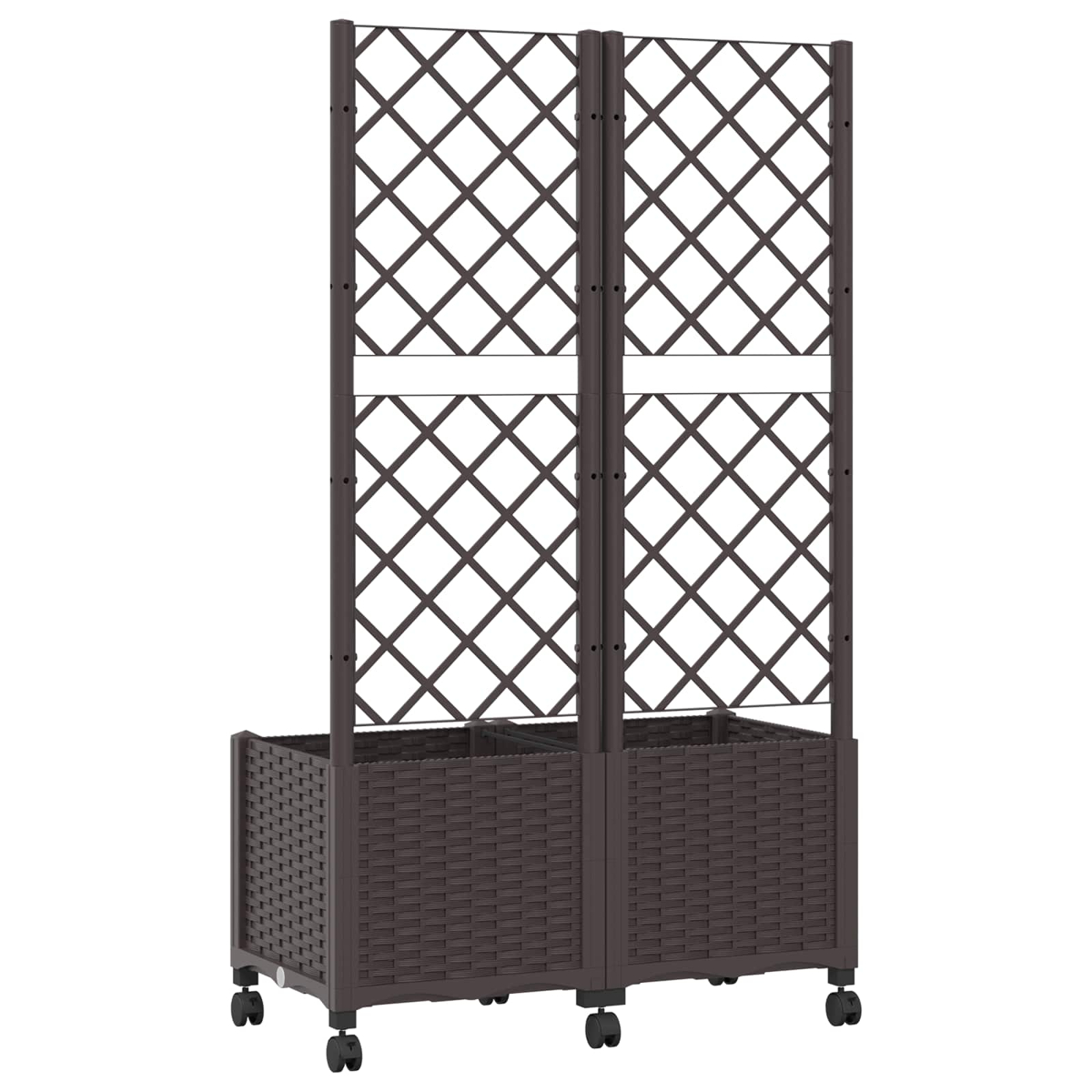 Ein braunes Pflanzgefäß aus Rattan mit integriertem Rankgitter auf Rollen.