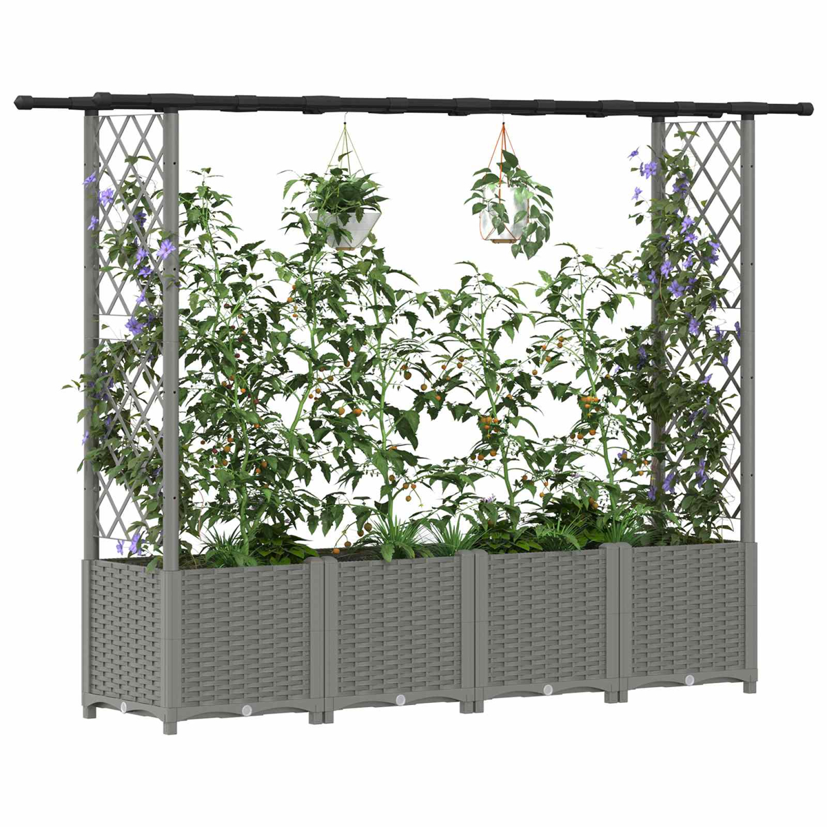 Grauer Rattan-Hochbeetkasten mit Spalier, grünen Pflanzen, kleinen gelben Früchten, lila Blüten und Hängekörben.