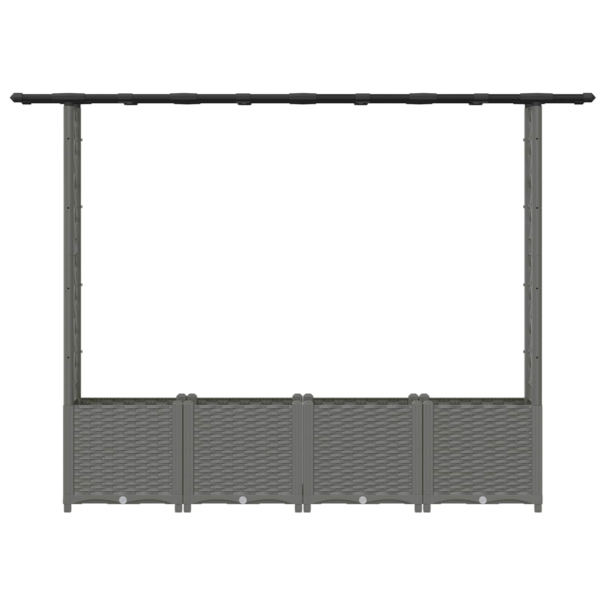 Grauer Rattan-Pflanzkübel mit integriertem Spalier und oberer Stange vor weißem Hintergrund.