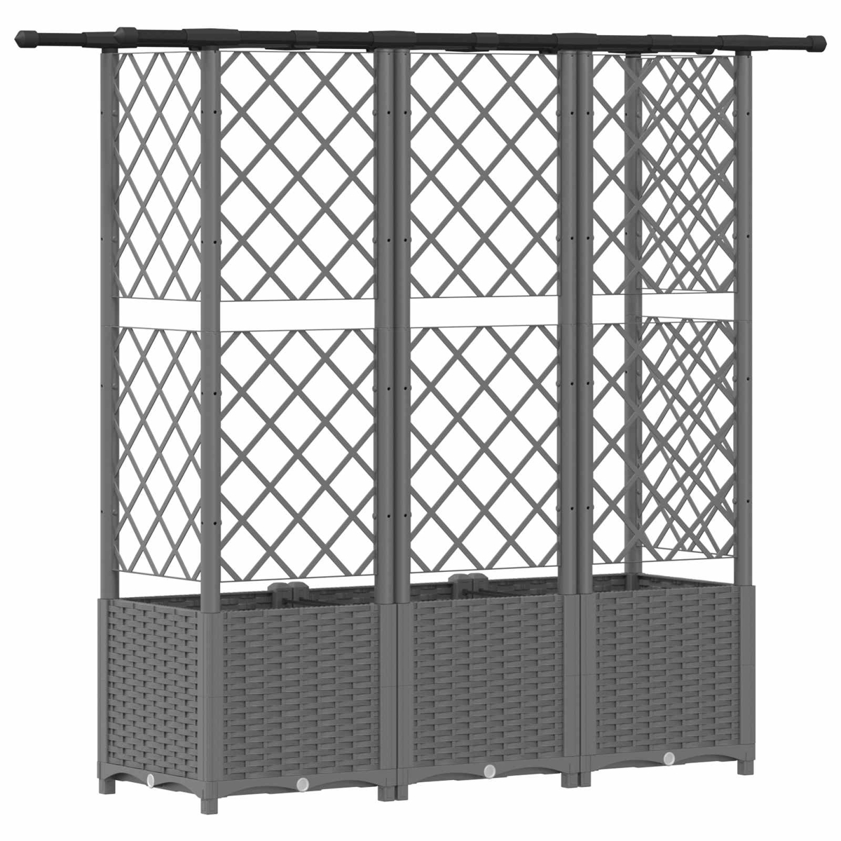 Drei graue Polyrattan-Pflanzkübel mit hohen Spalieren und Querstange vor weißem Hintergrund.