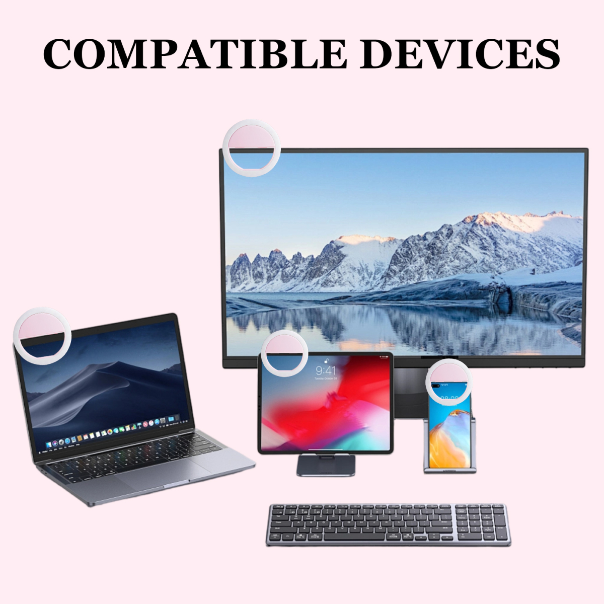 Kompatible Geräte: Laptop, Monitor, Tablet, Smartphone und Tastatur vor rosa Hintergrund.