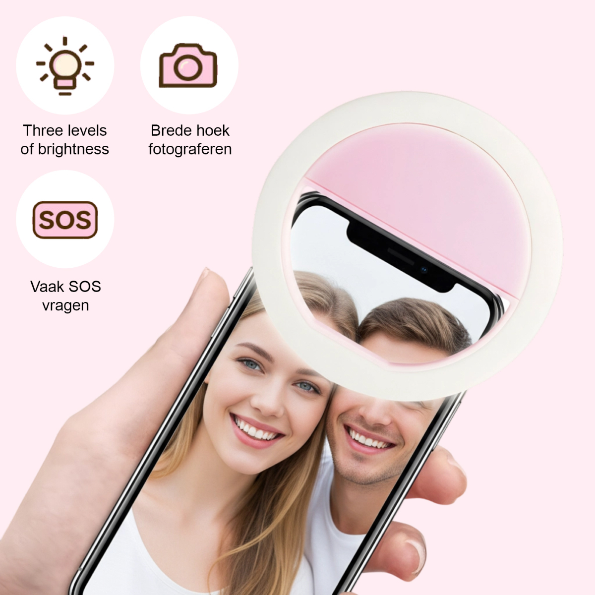 Smartphone mit Selfie-Ringlicht zeigt lächelndes Paar und Infografiken zu Helligkeit, Weitwinkel und SOS.