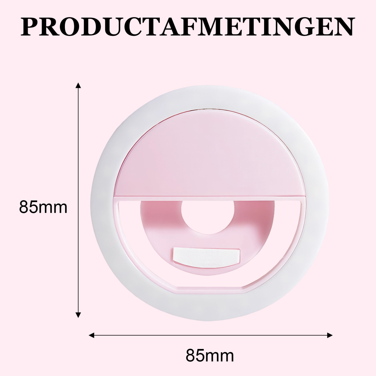 Diagramm zeigt eine rosa und weiße runde Ringlampe mit Maßen von 85mm Höhe und Breite auf rosa Hintergrund.