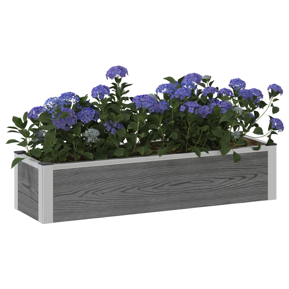 Ein grauer Pflanzkübel aus Holz mit blauen Hortensien auf weißem Hintergrund.