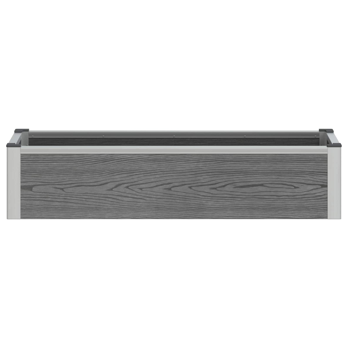 Ein rechteckiges, graues Hochbeet aus Holzoptik mit silbernen Aluminiumkanten auf weißem Hintergrund.