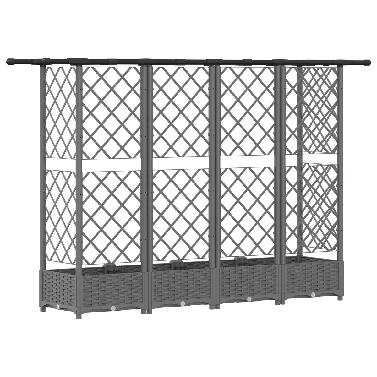 Grauer modularer Pflanzkübel mit vier gewebten Abschnitten und integrierten Gitterwänden auf weißem Hintergrund.