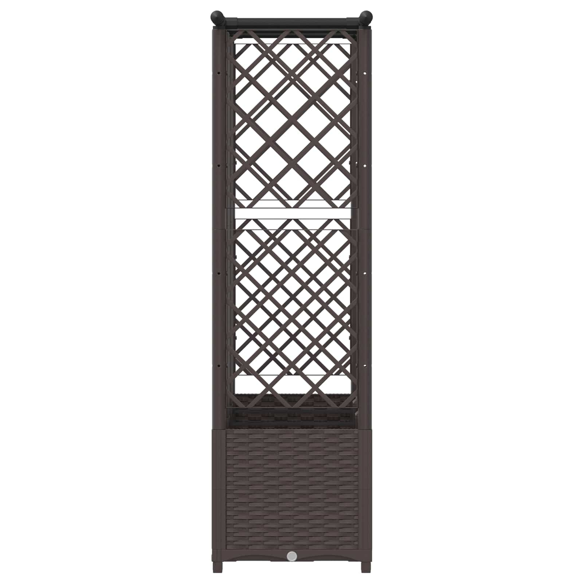 Ein brauner Pflanzkübel aus Rattan mit integriertem Spalier auf einer weißen Fläche.