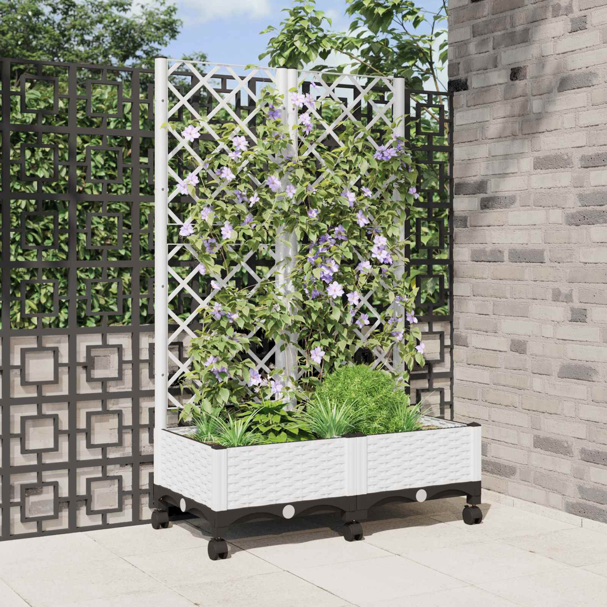 Ein weißer Rattan-Pflanzkasten auf Rollen mit Rankgitter und lila Clematis vor einer Backsteinwand.
