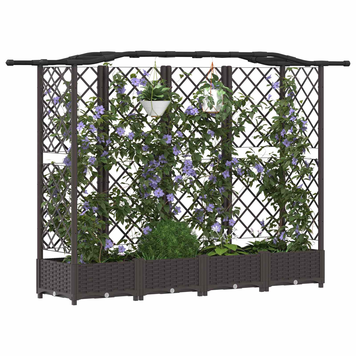 Ein braunes Rankgitter mit Pflanzkästen, bewachsen mit Kletterpflanzen und violetten Blüten.
