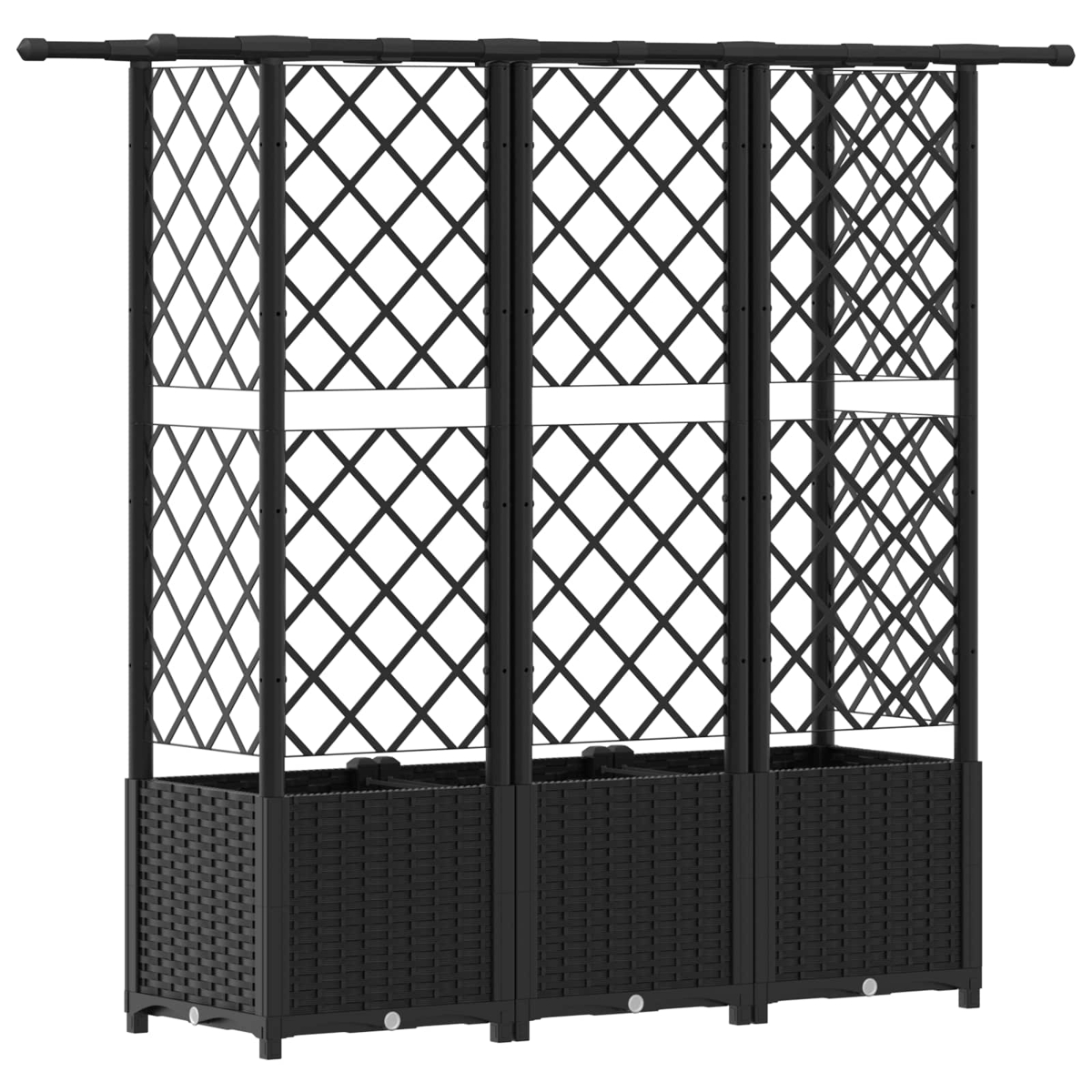 Ein schwarzer Rankkasten mit drei Gittern und integrierten Pflanzkübeln auf einem weißen Hintergrund.